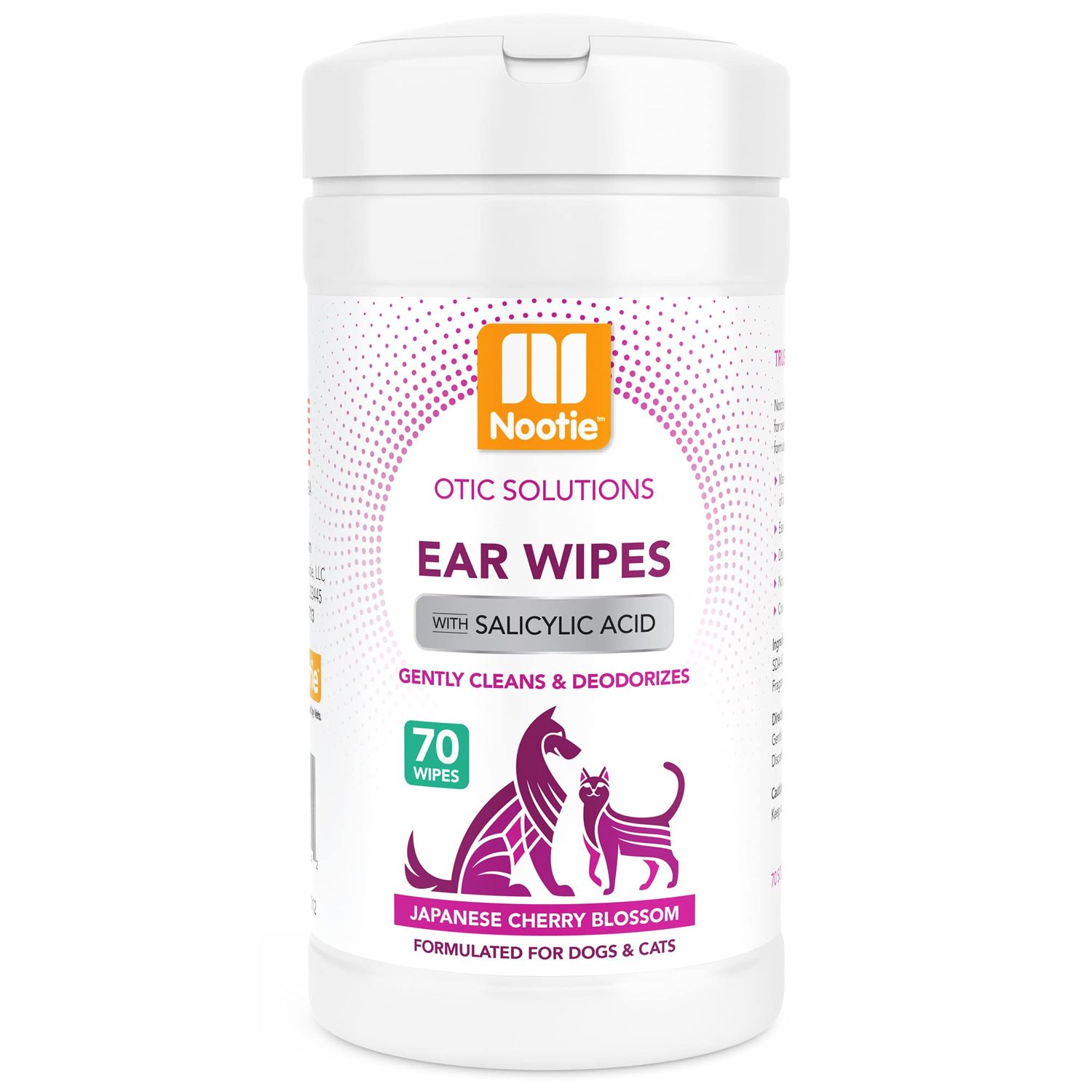 Nootie Dog & Cat Ear Wipes with Salicylic Acid - Japanese Cherry Blossom Scent - 70 Wipes - Vegan Friendly