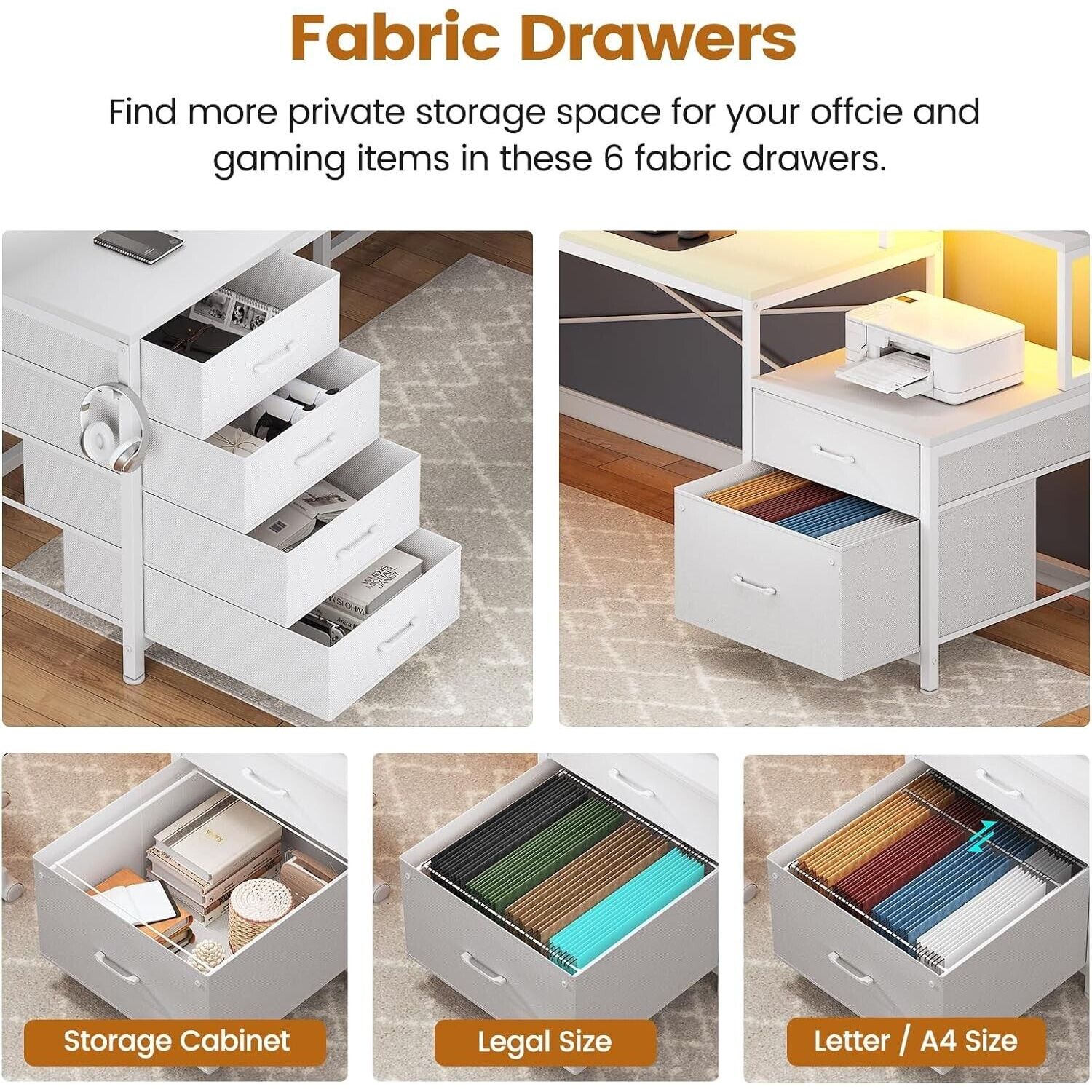 L Shaped Desk with 6 Drawers &Monitor Shelf, Gaming Desk with Led Lights (White)