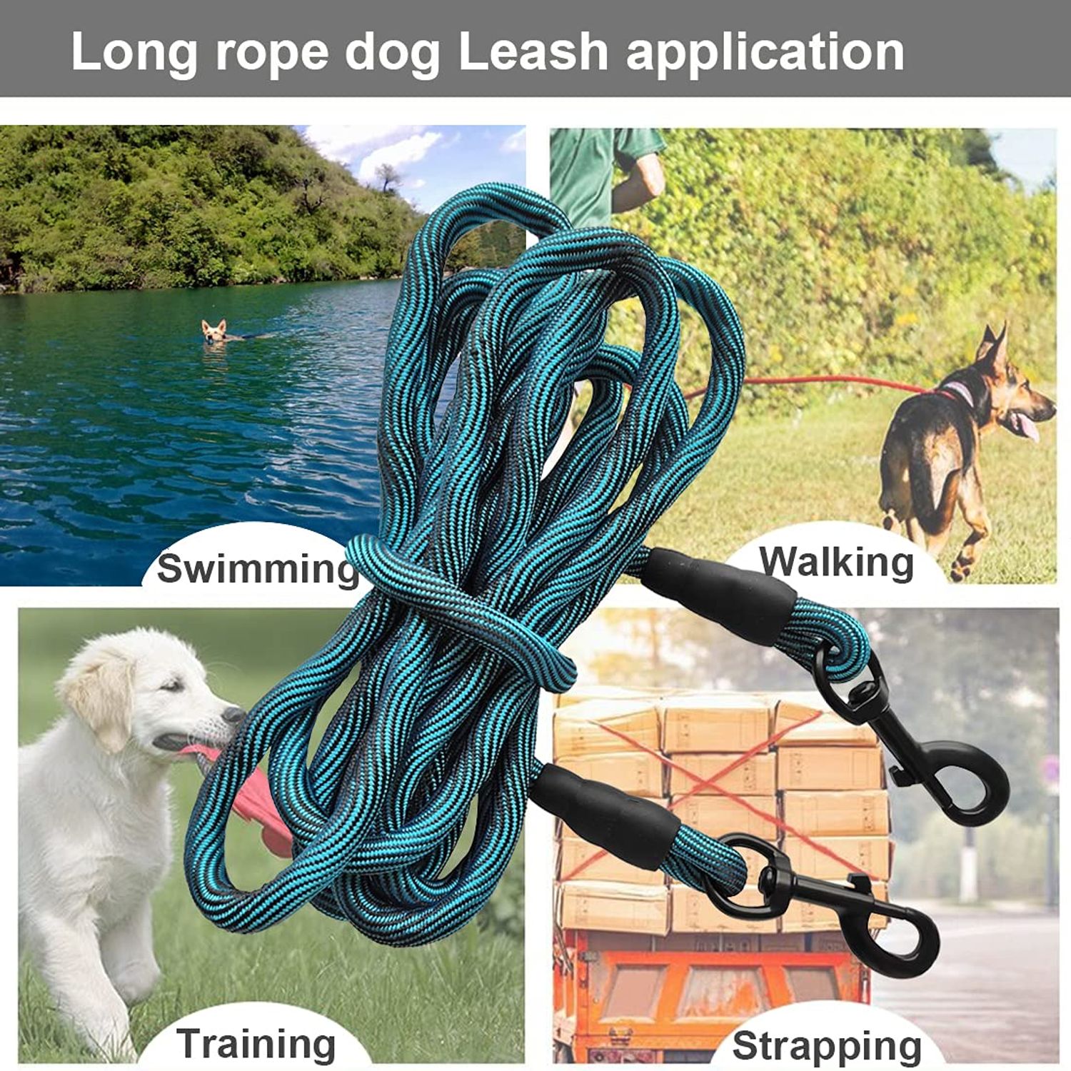 BTINESFUL Tie-Out Check Cord Long Rope Dog Leash, 8ft 12ft 20ft 30ft 50ft Recall Training Lead Leash- Great for Large Medium Small Dogs Training, Playing, Camping, or Backyard (20ft, Blue Black)