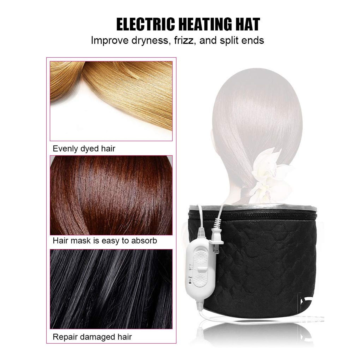 Electric Hair Cap Thermal Cap, Hair Steamer Cap for Deep Nourishing Conditioning Hair Thermal Treatment Spa Hair Care Cap Adjustable Temperature for Home Use,Black
