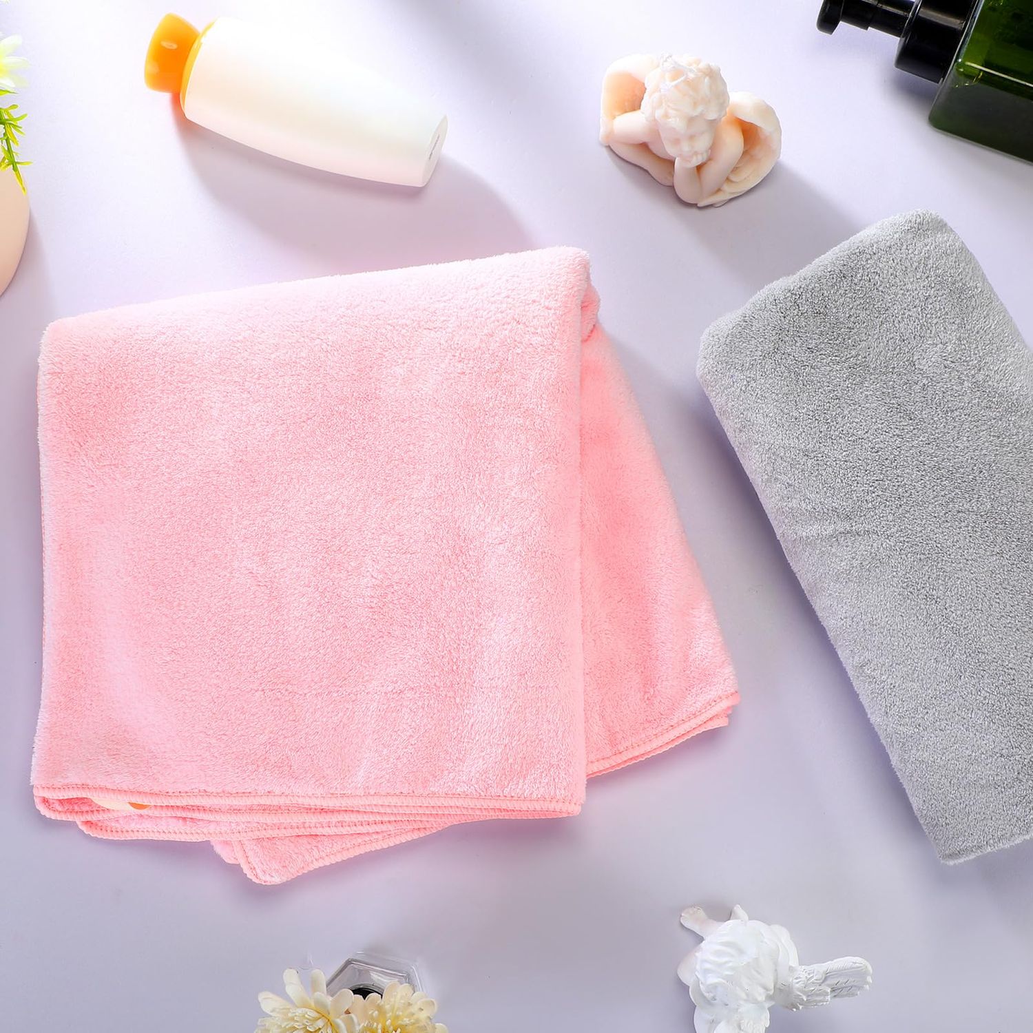 4 Pcs 20 x 40 Large Microfiber Hair Towel for Long Hair Quick Dry Hair Towel Absorbent Hair Towels Anti Frizz Drying Towel Hair Towel Wrap for Curly Hair Long Short Hair Women Girls, Pink and Gray