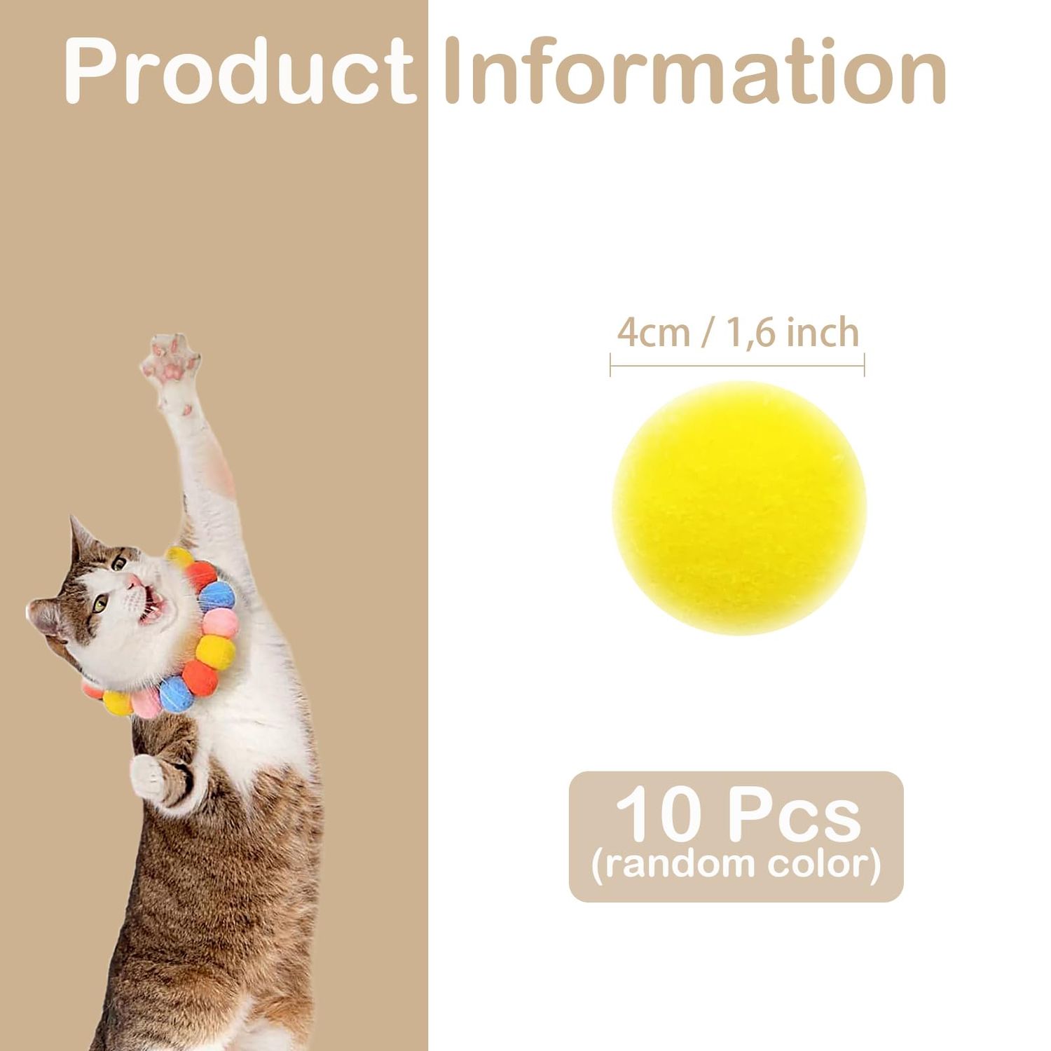 HaiPal Cat Toy Balls, 10Pcs Premium Soft Pom Pom Balls for Kittens, 1,6'' Funny Interactive Cat Pompom Toys for Bored Indoor Cats Playing Plush Balls for Craft DIY Decorations, Cute Kitten Kitty Toys.
