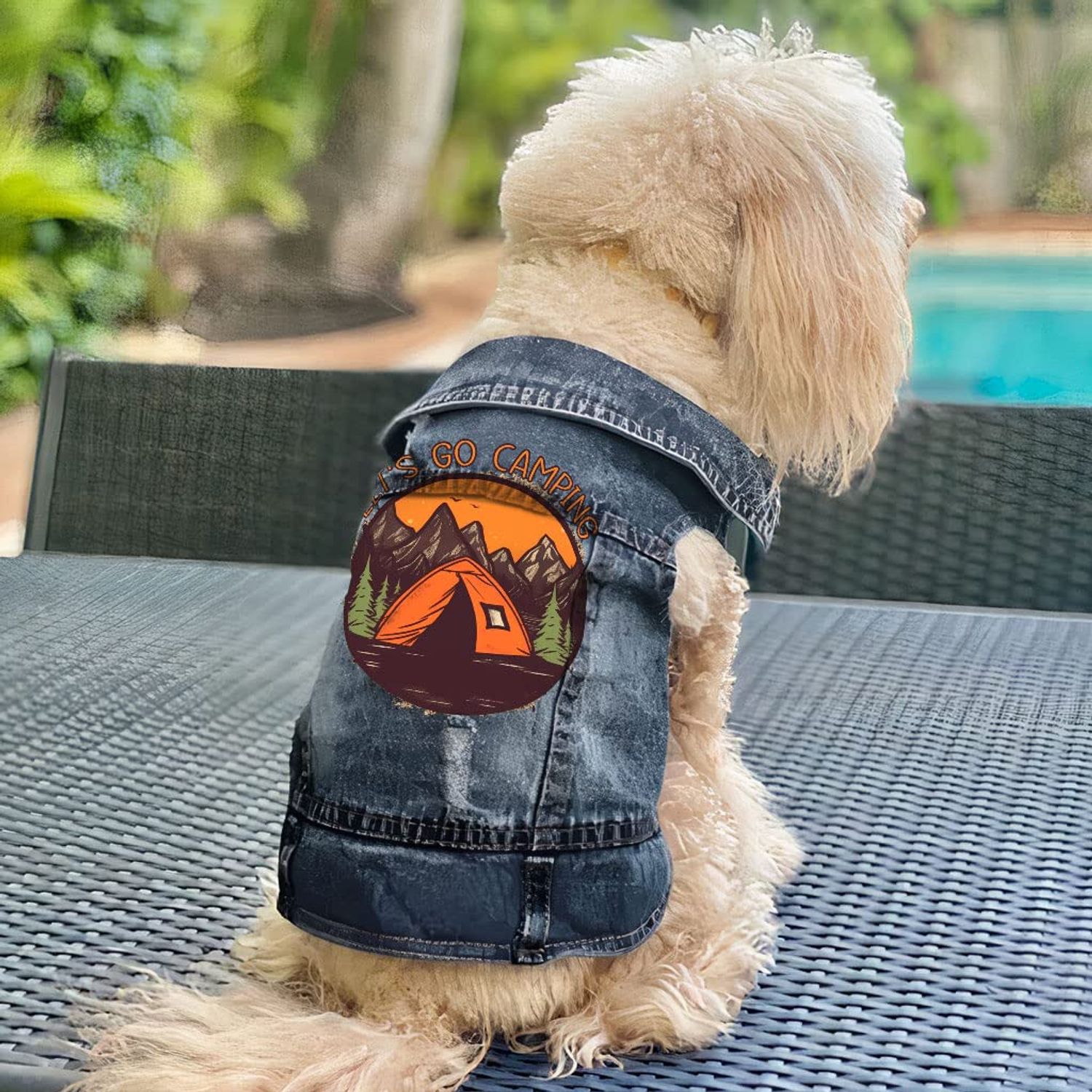 Let's Go Camping Dog Denim Vest - Tent Dog Denim Jacket - Camping Dog Clothing - L