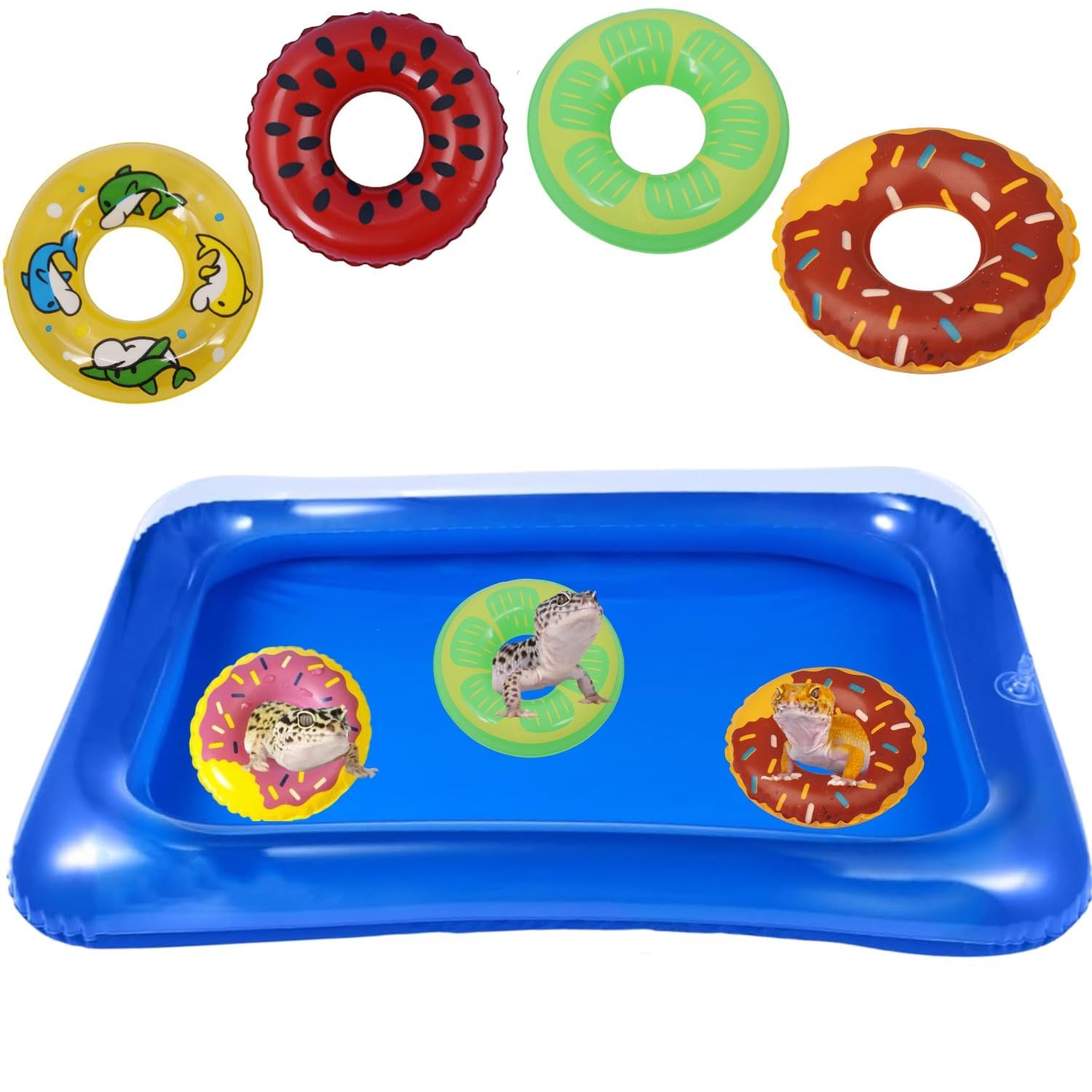 Lizard Bath Pool & Collar Rings Set - Inflatable Reptile Bathing Swimming Pool Bathtub Reptile Swim Float Ring for Leopard Gecko Amphibians Habitat Accessories Grooming Health Supplies (Blue)