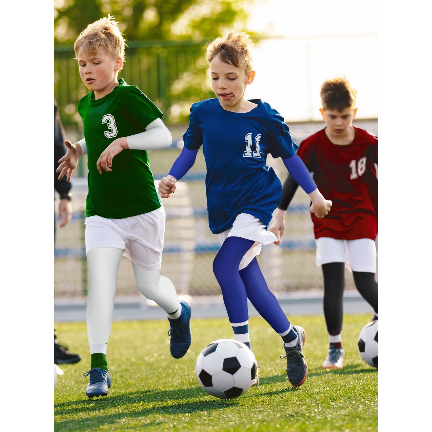 8 Pairs Kids Arm Sleeves and Basketball Leg Sleeves Set Non Slip Long Compression Leg Sleeves for Boys Girls Youth (White, Black, Blue, Gray,Small)