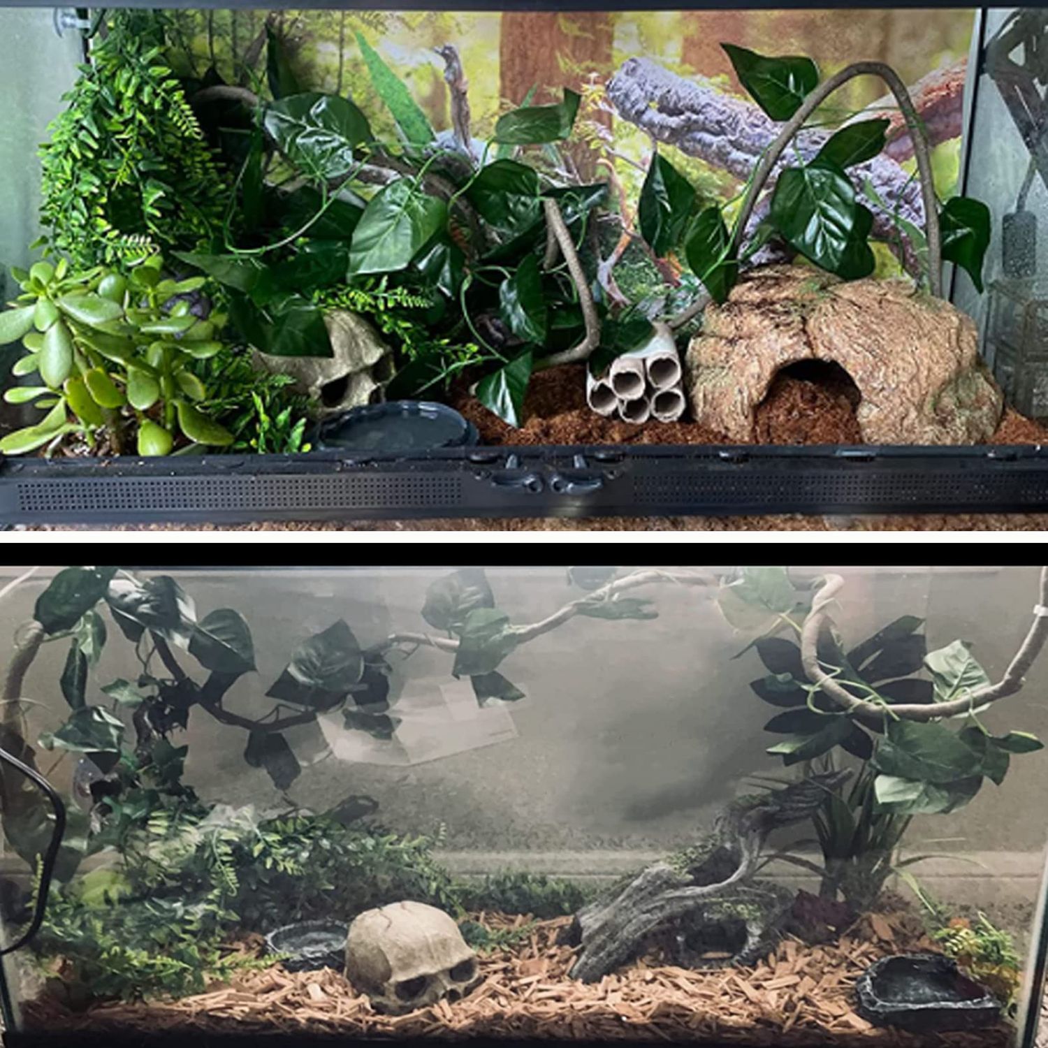 Tfwadmx Reptiles Skull Hide Decorations Bearded Dragon Tank Accessories Terrarium Ornament Gecko Hideouts Cave Snake Habitat Jungle Climber Bendable Vines Leaves for Lizards,Chameleon,Spider (4 Pcs)