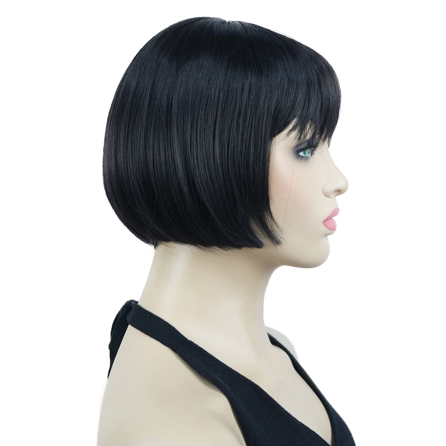 Lydell 6" Straight Short Bob Hair Flat Bangs Cute Central Dot Skin Top Heat Resistant Synthetic Wigs (Natural Black)