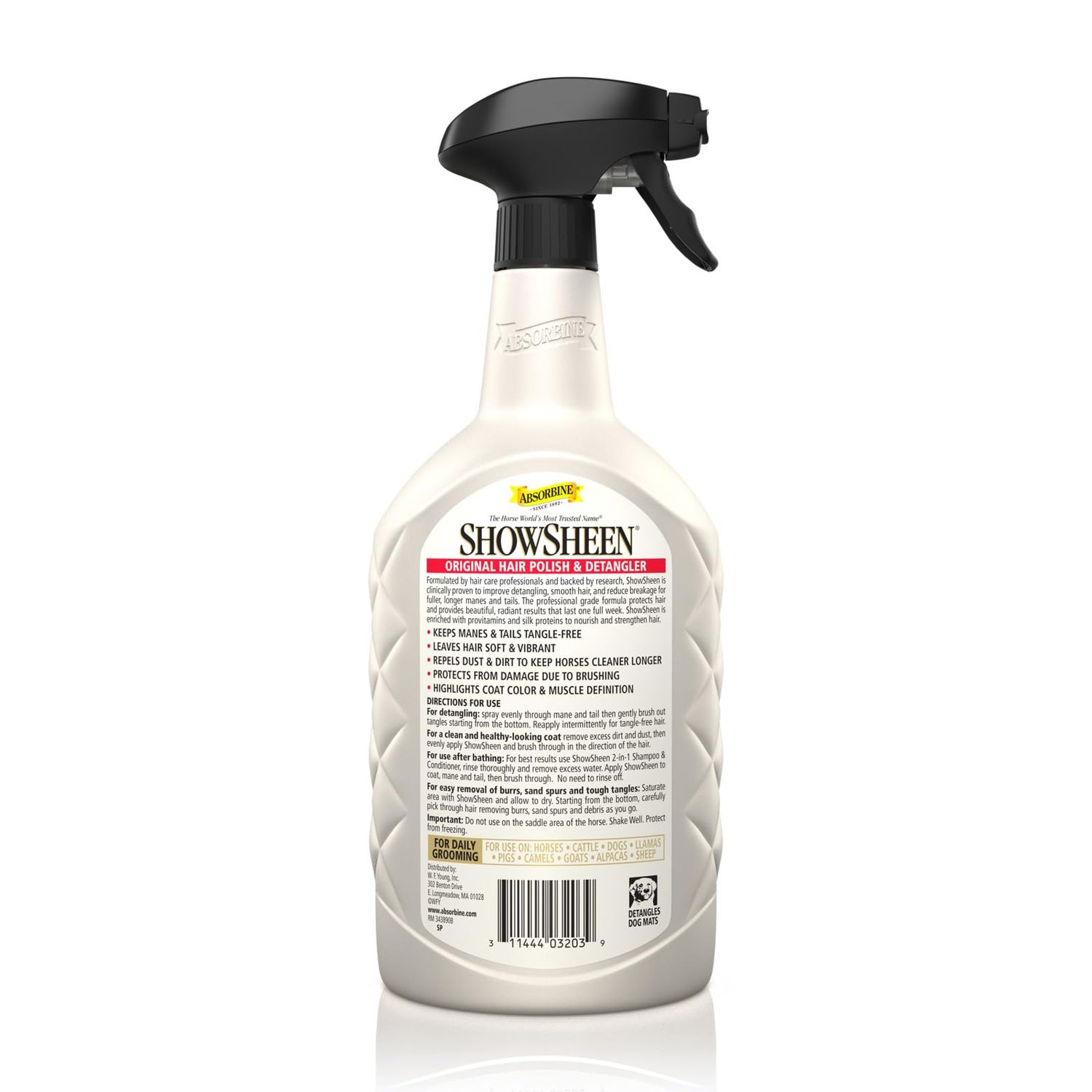 Absorbine ShowSheen Hair Polish & Detangler 32oz Spray Bottle, Horse and Dog Coat, Mane and Tail, Instant Detangling & Reduces Hair Breakage for Healthy Grooming & Radiant Shine