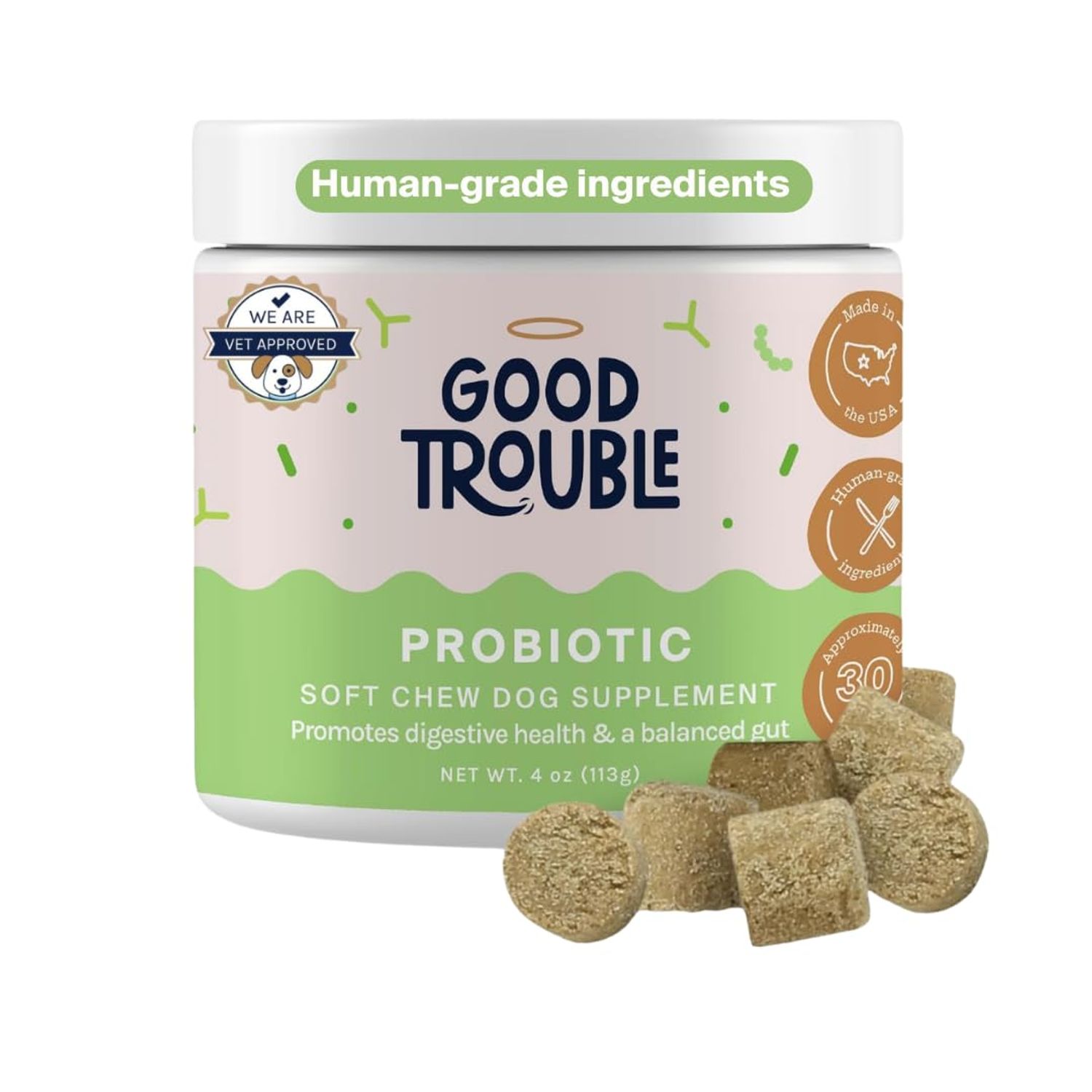 Good Trouble Pets Probiotic Supplement for Dogs - Chicken Flavor, 30 Chews - Enhanced Digestive Support