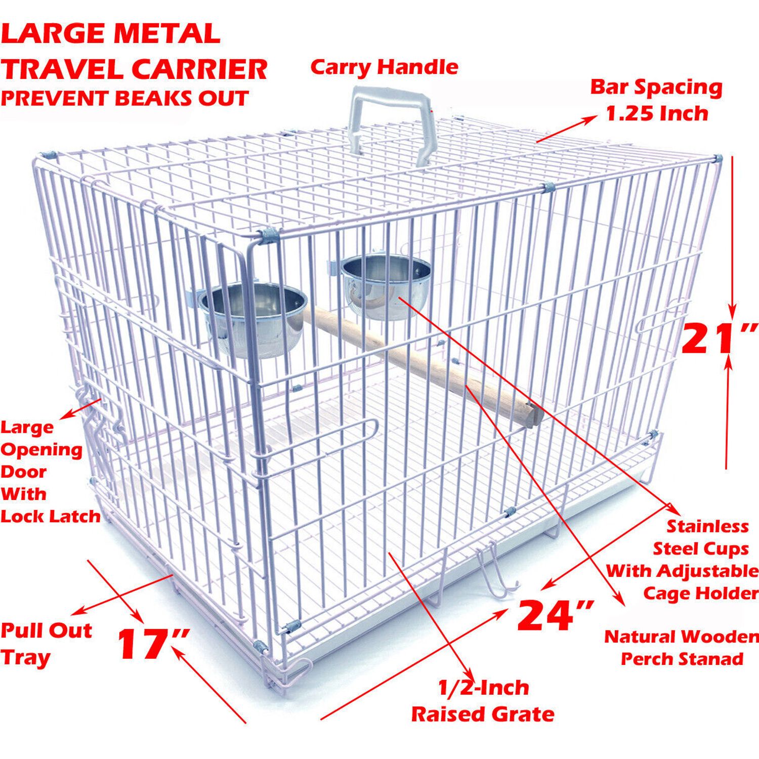 LARGE Parrot Bird Travel Carrier Foldable Wood Stand Perch Steel Cup Metal Cage
