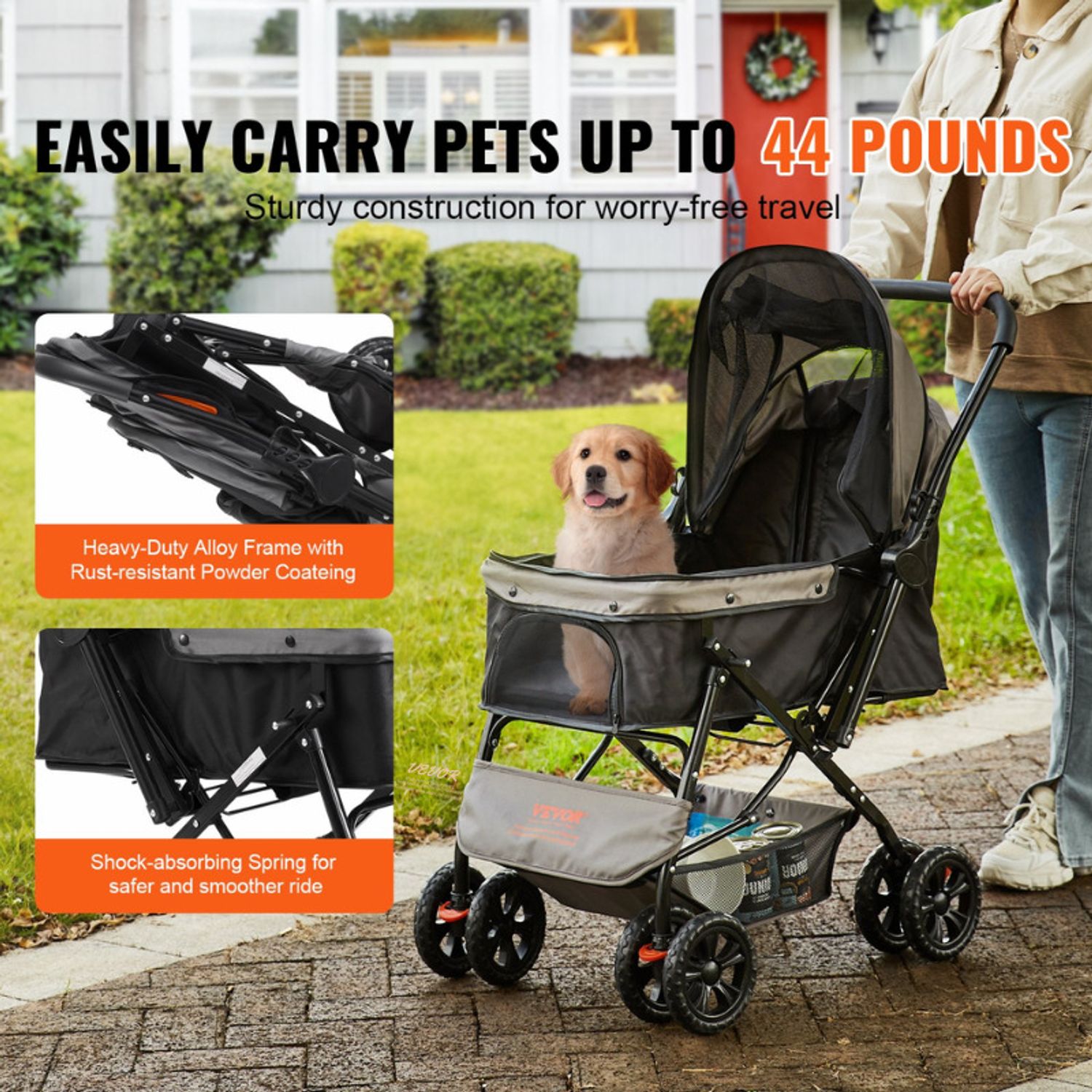 4-Wheel Pet Stroller 44lb Capacity Reversible Handle Storage Basket Travel Brake