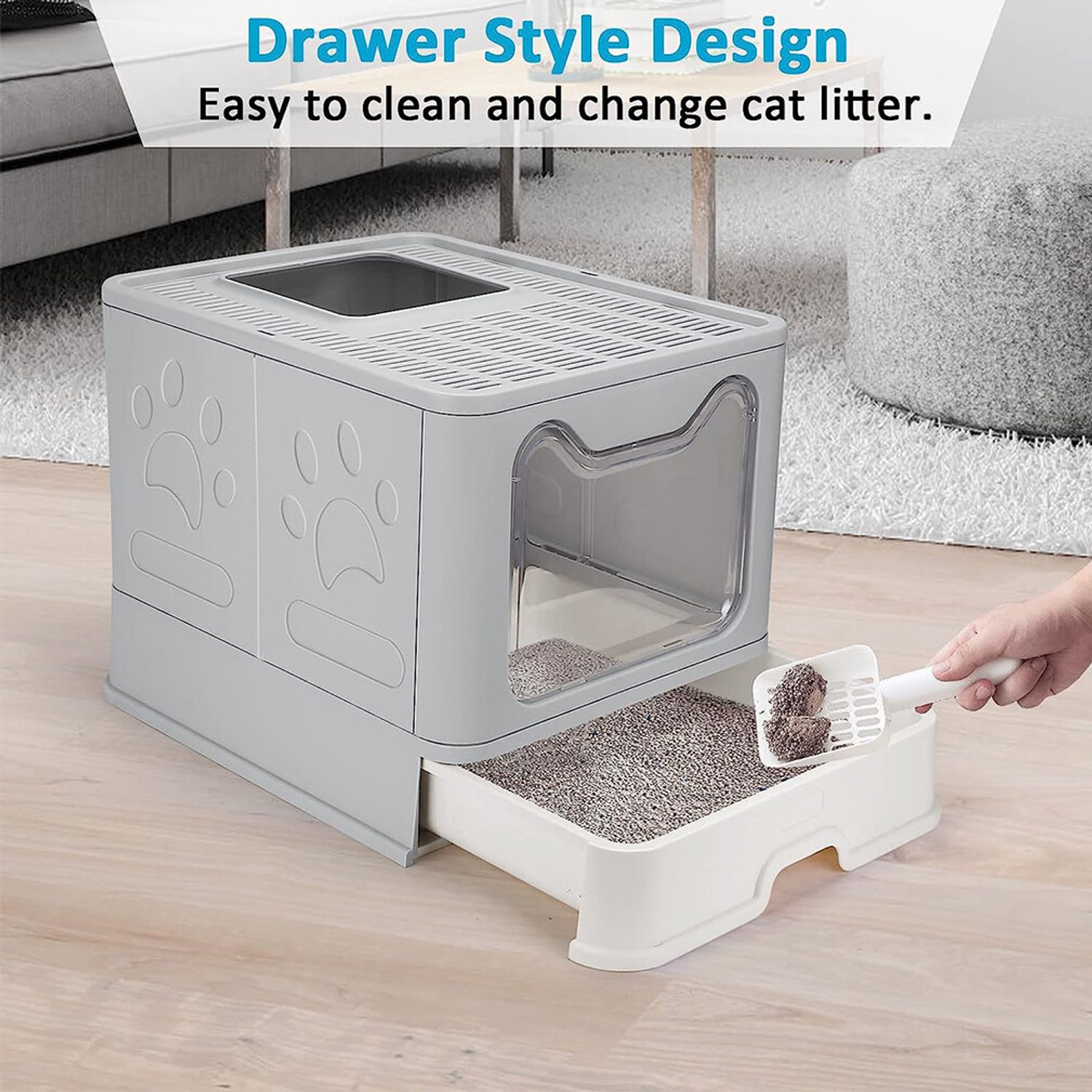 Foldable Cat Litter Box w/ Scoop & Drawer Tray Large Space Cat Litter Enclosure
