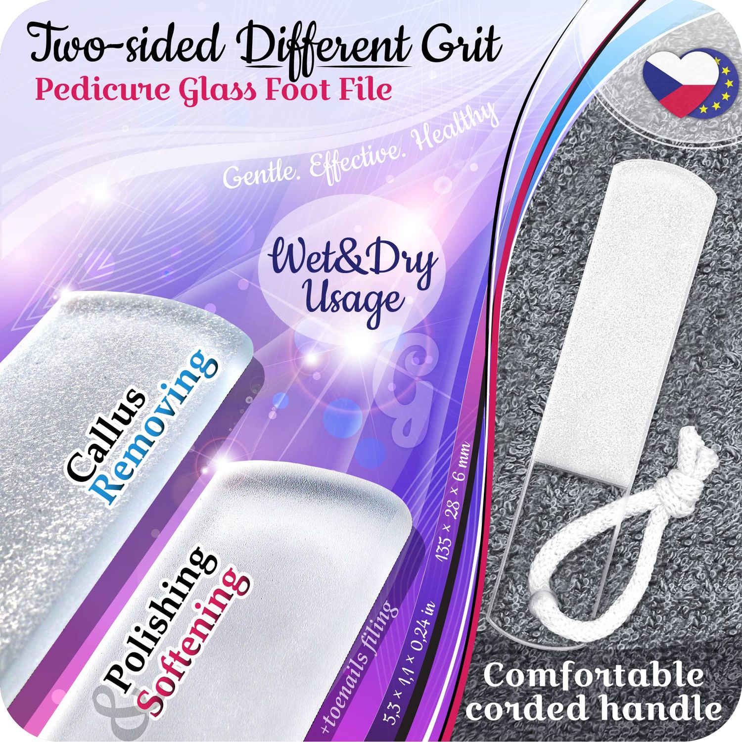GLADZY® Genuine Czech Glass Nail File Set - Callus Remover Foot Rasp, Double Sided Different Grit Surface, Professional Manicure & Pedicure Tools, Premium EU Quality