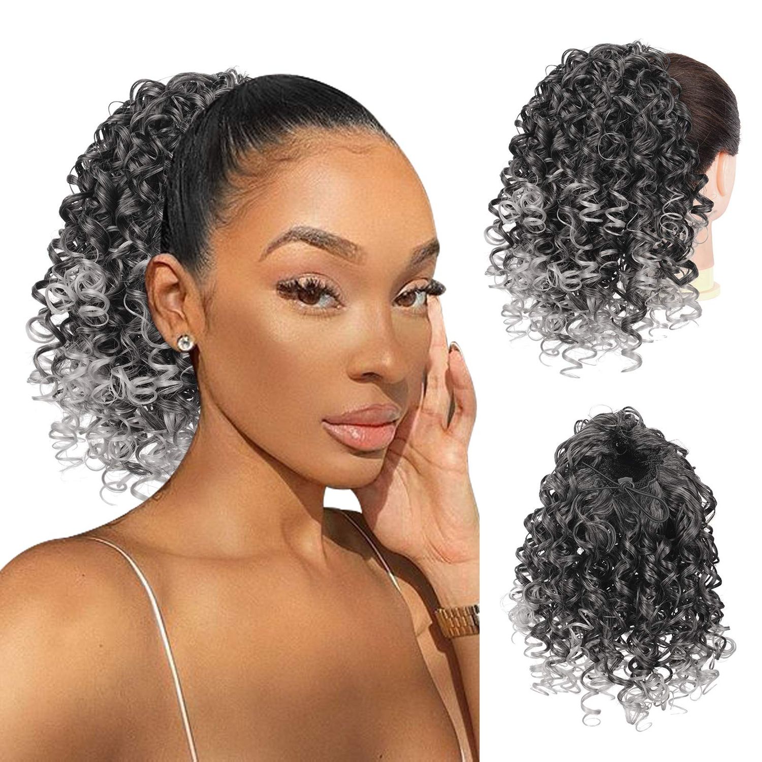 PEACOCO Drawstring Ponytail Extension for Black Women Synthetic Curly Drawstring Ponytail with 2 Clips on Ponytails Hair Extension (T1B/0906)