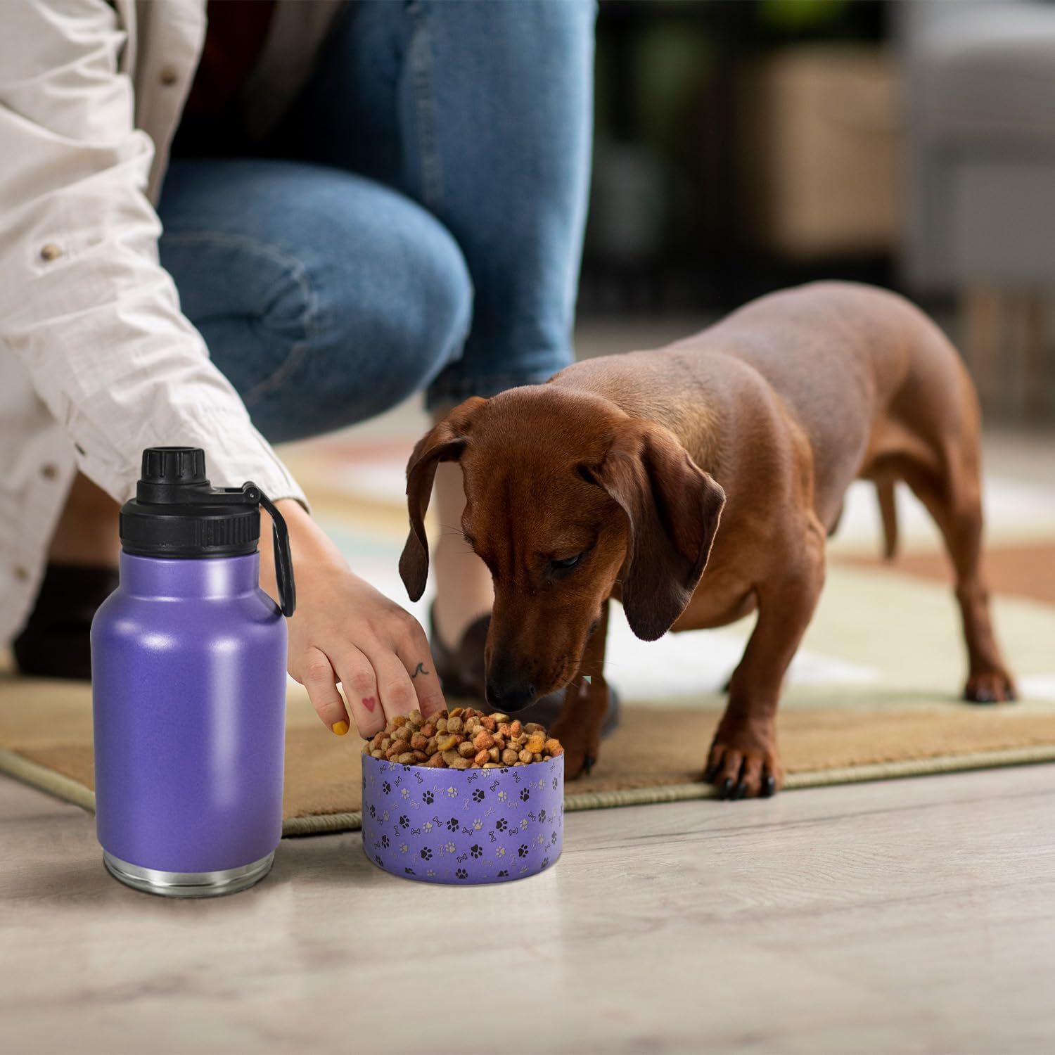 AGH Dog Water Bottle, 32oz Portable Dog Water Bottle with Detachable Bowl Food Feeding, Double Wall Vacuum Flask Stainless Steel Dog Travel Water Bottle for Walking and Hiking, Purple