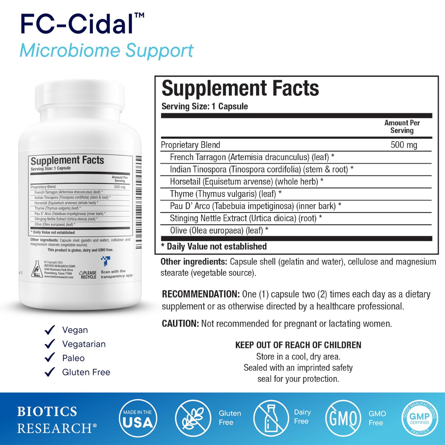 Biotics Research FC Cidal Herbal Supplement 120 Capsules