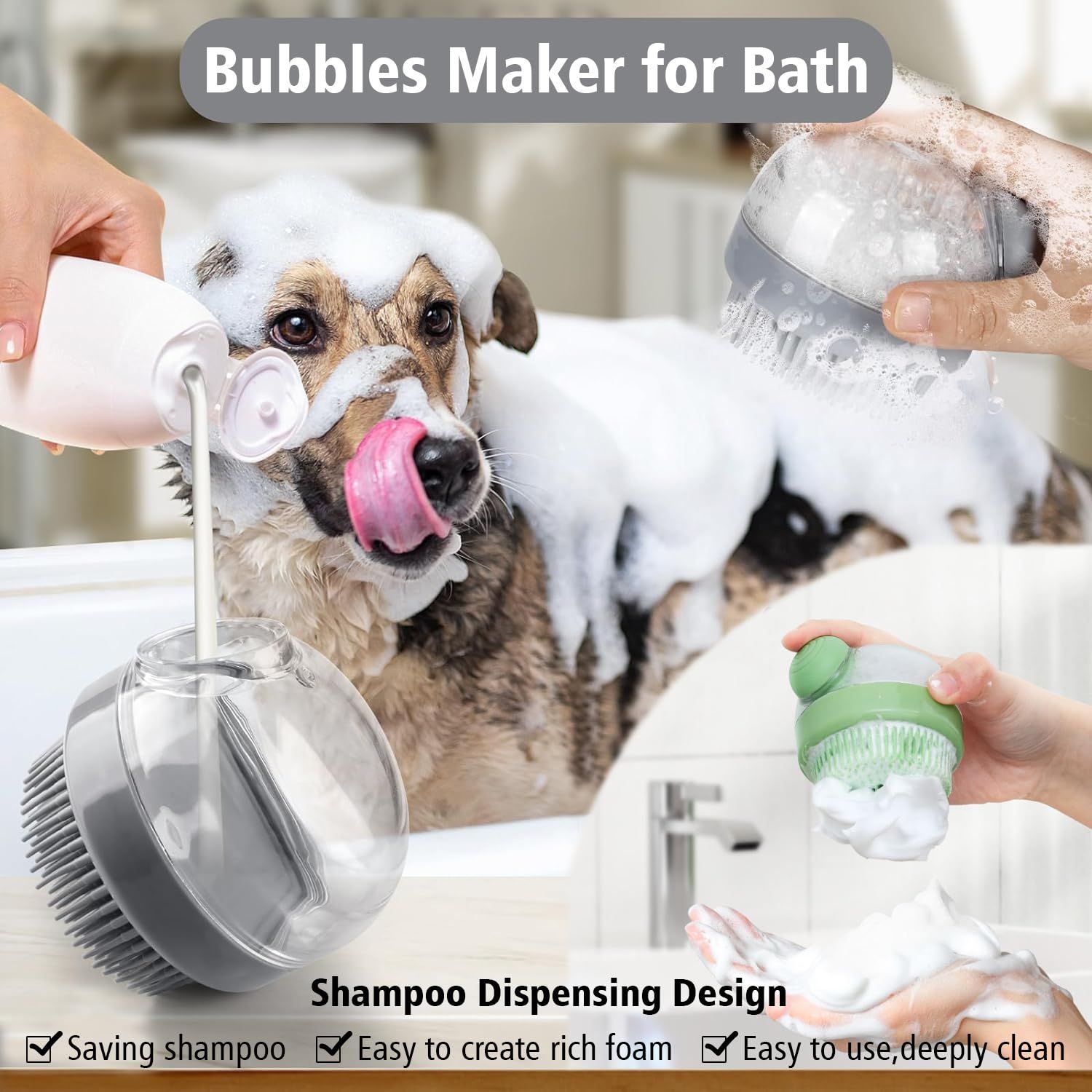 Kwispel Dog Bath Scrubber Brush, 2 PCS Pet Dog Grooming Massage Shampoo Bath Brush with Soap and Shampoo Dispenser Soft Silicone Bristle for Long Short Haired Dogs Cats Shower