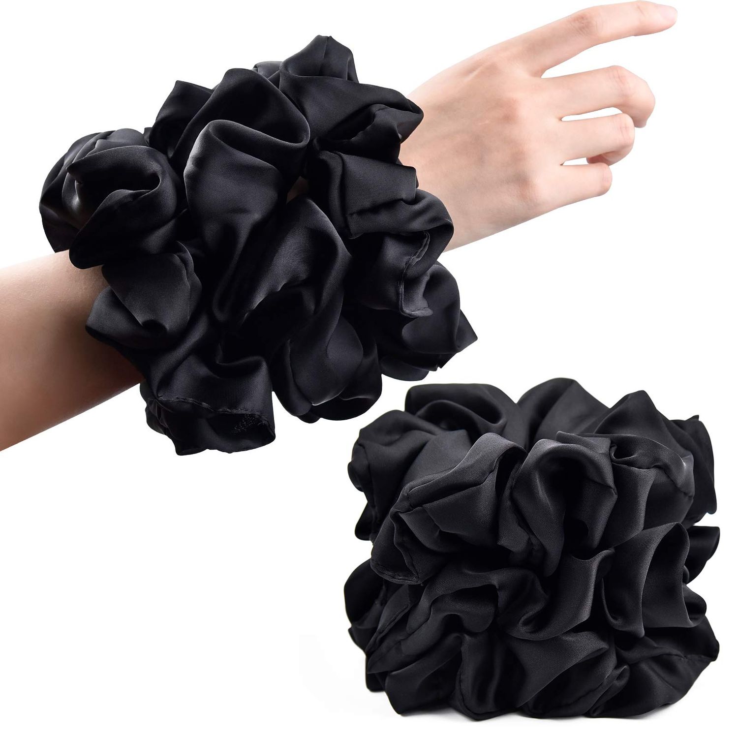 CEELGON Black Big Real Silk Scrunchies for Women 6.3Inches Large Scrunchie Satin Oversized Silk Thick Elastic Hair Ties Jumbo Hair Scrunchies 6 Pack (Black)