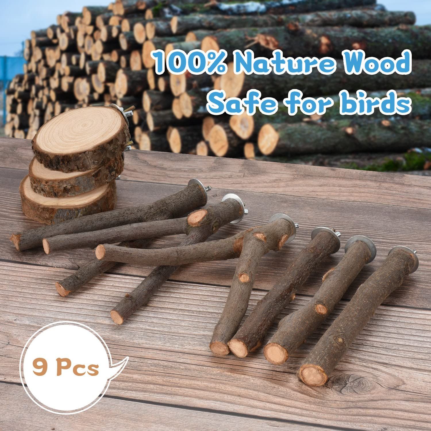 9 PCS Bird Perches Stand Toy, Natural Wood Parrot Perch Stand Bird Cage Branches Platform Accessories for Parakeets Cockatiels Conures Macaws Finches Love Birds