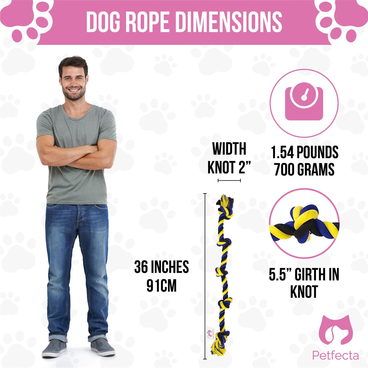Petfecta- Dog Chew Toys - Indestructible Dog Toy for Aggressive Chewers, Natural Cotton Material, Promotes Dental Health, Extra Long & Durable, Indoor & Outdoor Play, Bright Yellow & Blue
