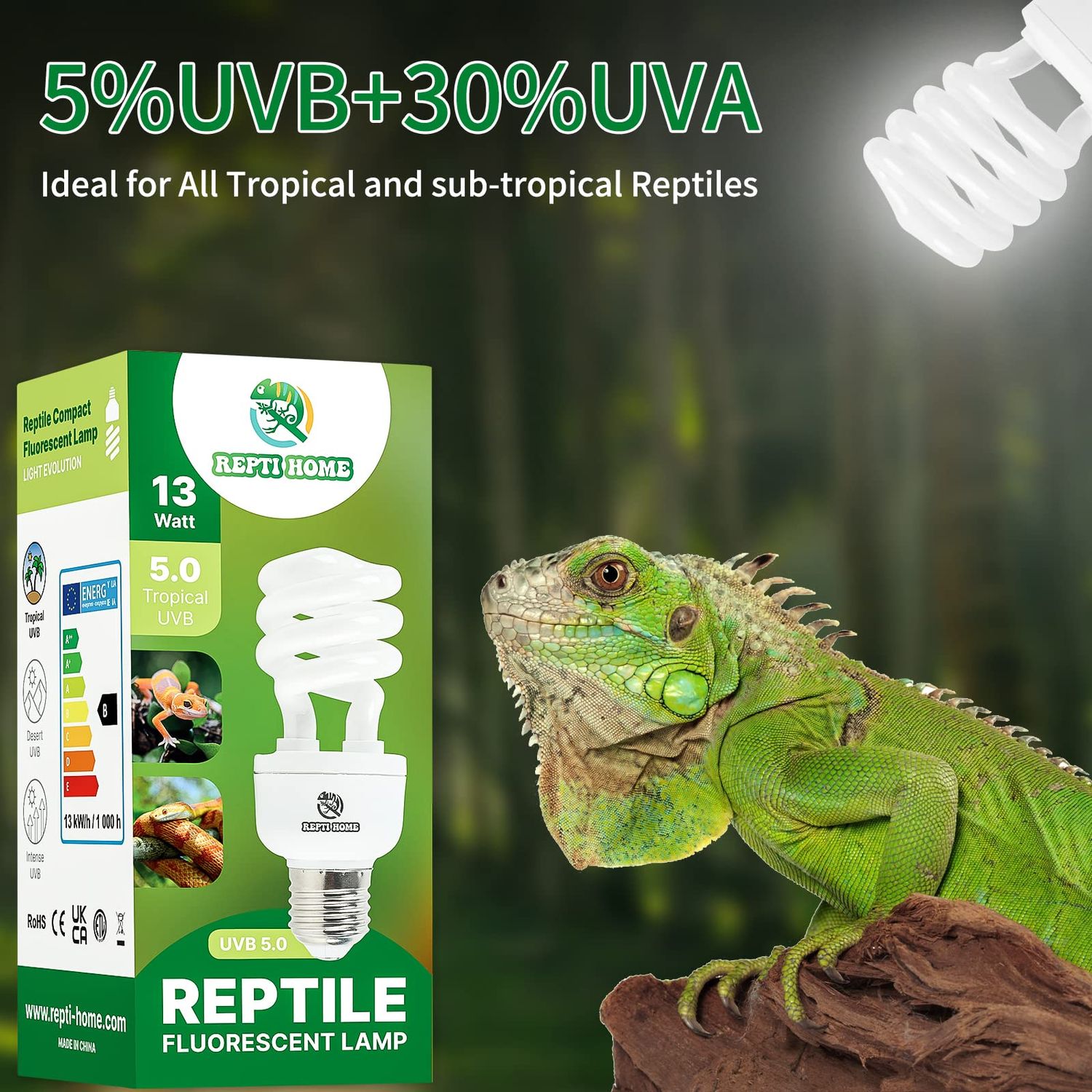 REPTI HOME UVB Reptile Light 5.0, 13W Tropical and Sub-Tropical UVA UVB Bulb for Reptiles, Tropical Terrarium Compact Fluorescent Lamp, Reptile UVB Light Bulb for Chameleons, Iguanas and Turtles