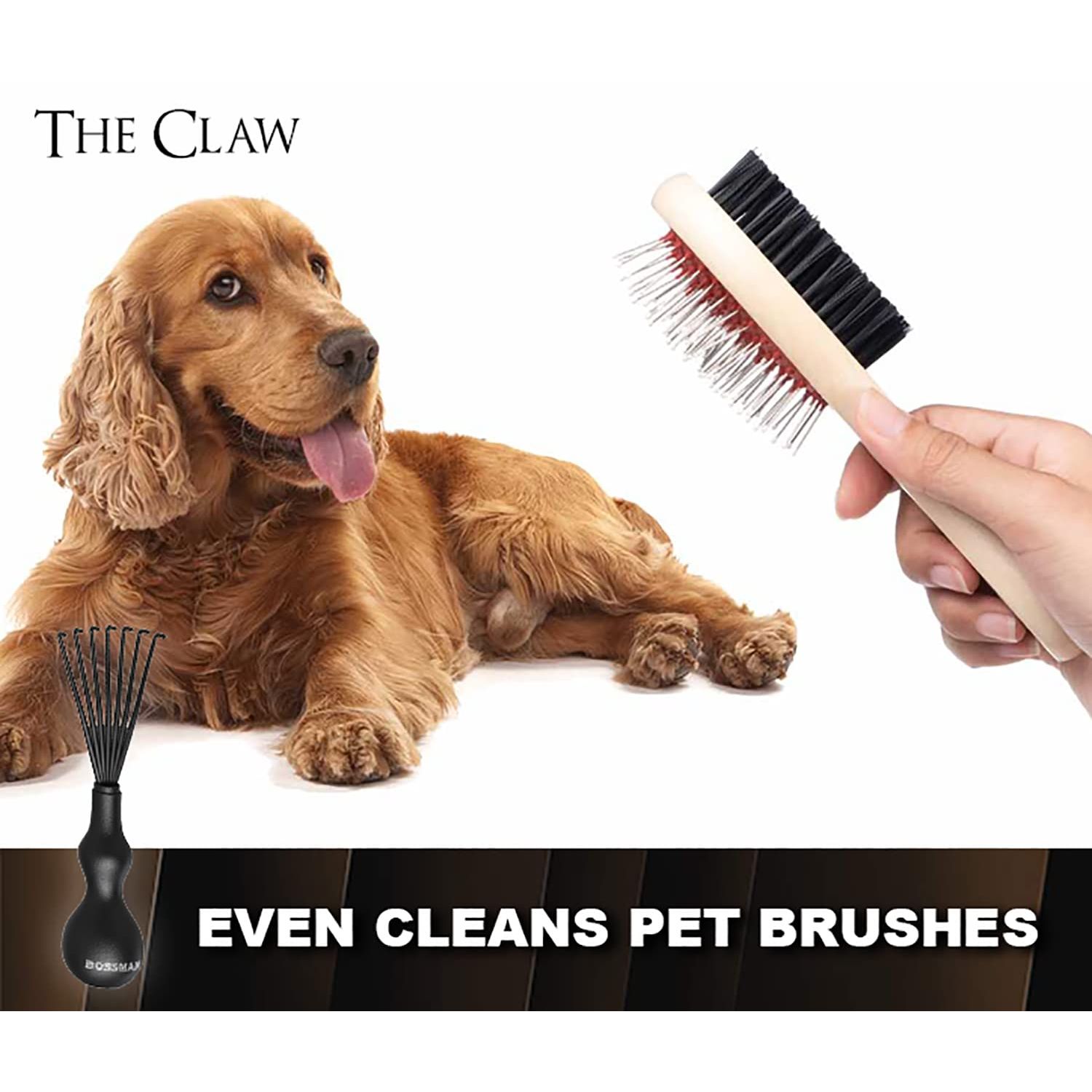 Bossman THE CLAW Round Hair Brush Cleaner Tool 3 Inch - Cleans Boar Bristle, Wave or Plastic Brushes and Combs - Black Hairbrush Cleaning Rake - Cat Brush & Dog Brush Cleaner