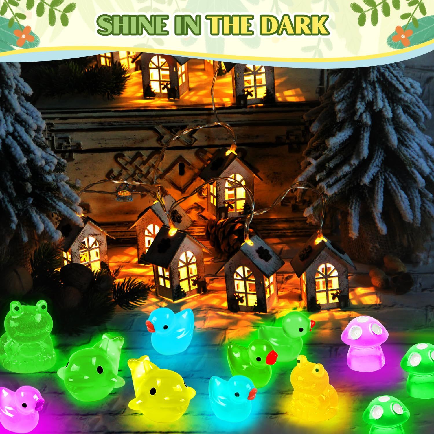 120 Pcs Luminous Mini Resin Ducks Glow in The Dark Animals Duck Frog Dolphin Mushroom 4 Combination Sets for Garden Miniature Figure Landscape Aquarium Hide and Seek Prank Dollhouse Decor