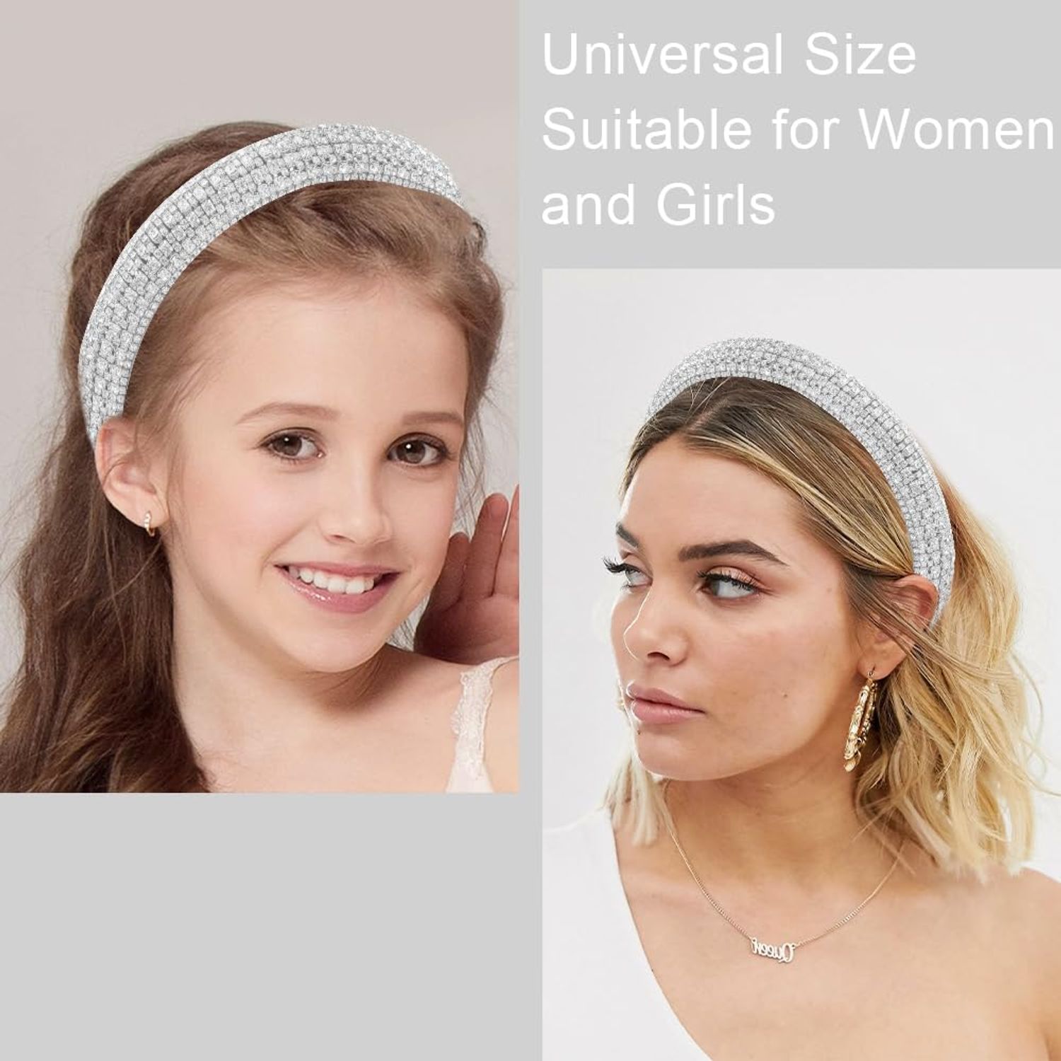 AHONEY Rhinestone Headband for Women Girls, Hair Bling Crystal Glitter Sparkly Diamond Padded Headband Fancy Jeweled Headpiece Holiday Hair Accessories Birthday Gifts (Silver)