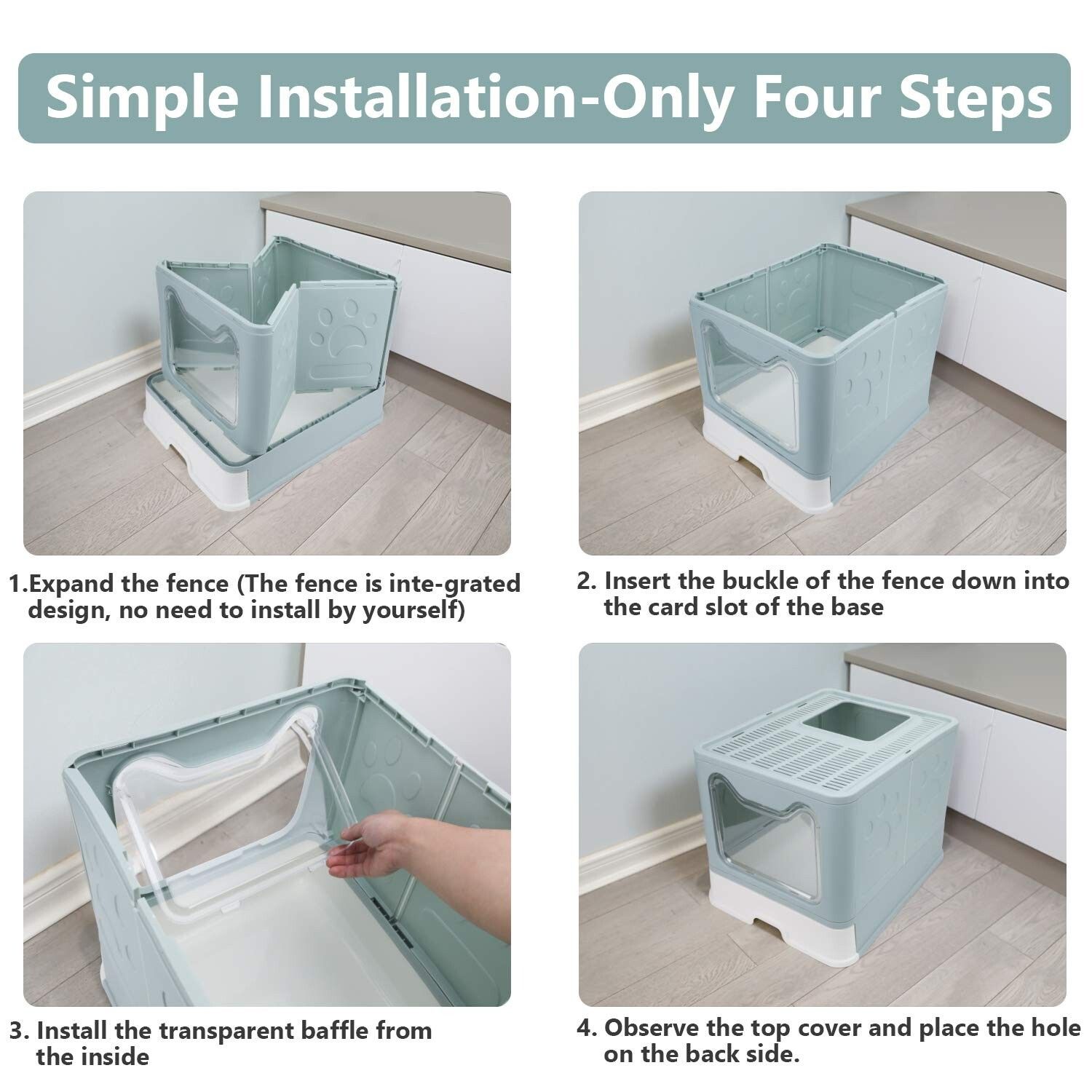 Foldable Cat Litter Box w/ Lid Enclosed Cat Potty Top Entry Anti-Splashing Blue