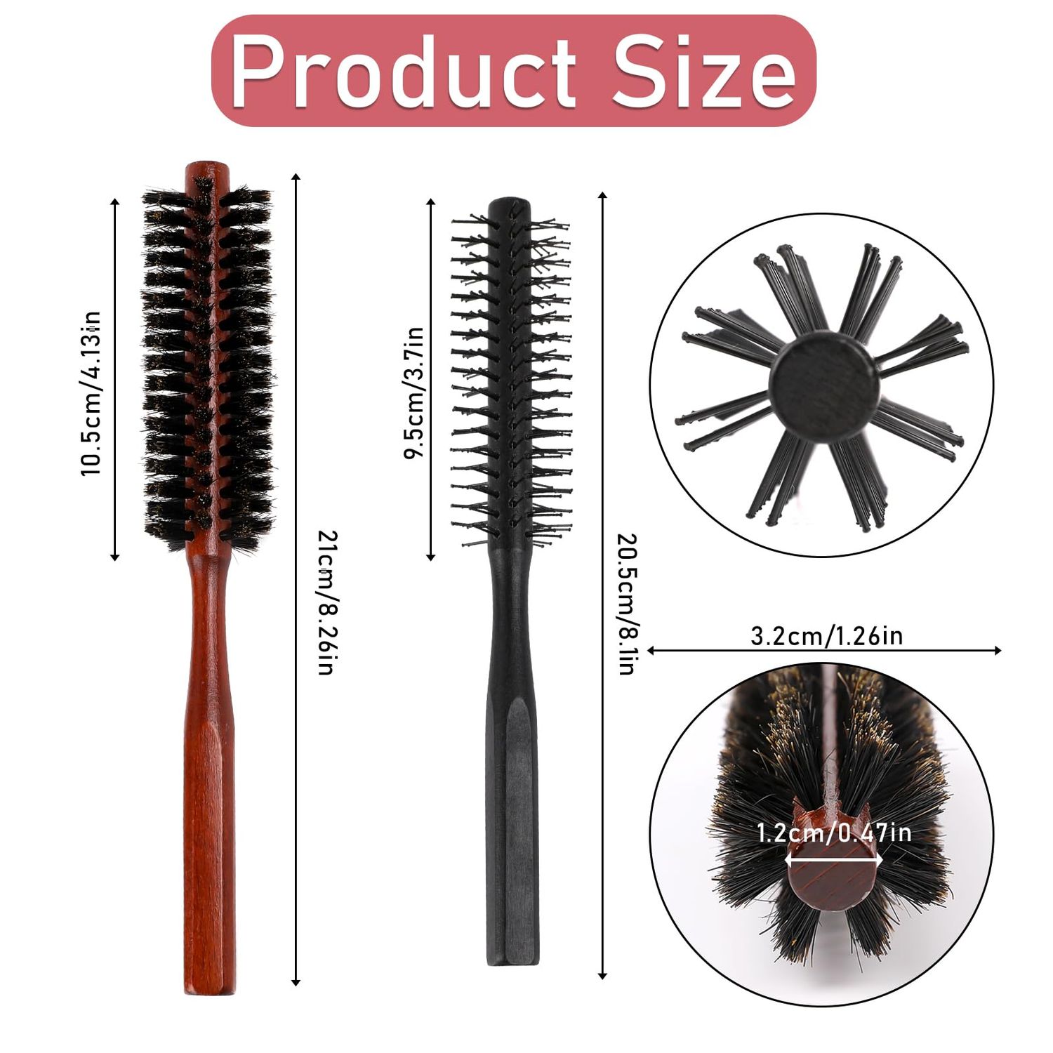 Small Round Hair Brush, Boar Bristle Brush Curling Brush Travel Round Brush for Blow Drying and Nylon Bristles Hair Comb with Wood Handle, Roller Hairbrush for Women, Beard Brush for Men(Black & Red)