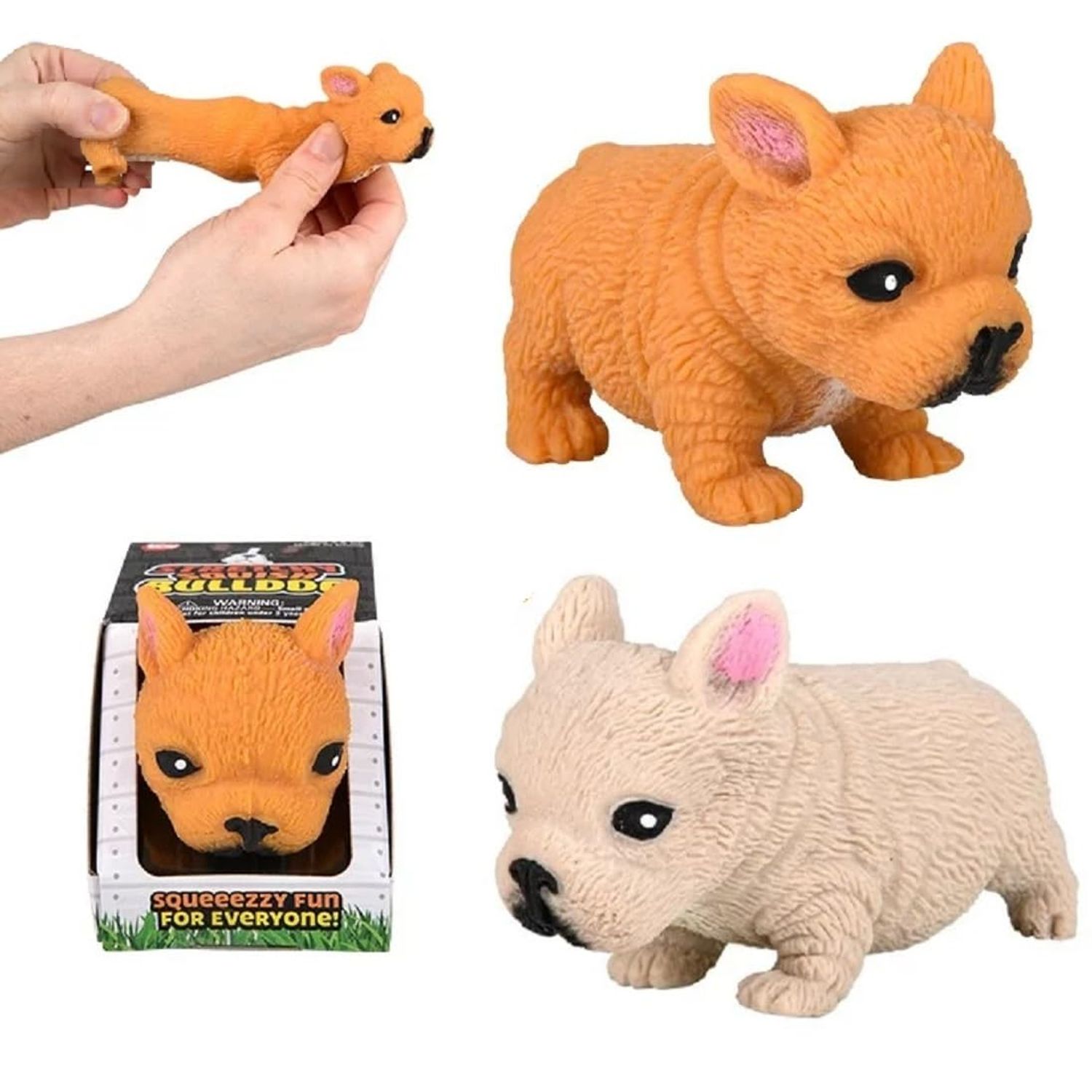 Squishy Stretchy Bulldog (2.5" to 6.5") Rubber Fidget Sensory Toy Filled with Sand. Great Stress Relief Dog Toy for Kids, Adults and Pets. (2 Bulldogs - Tan & Brown Color)