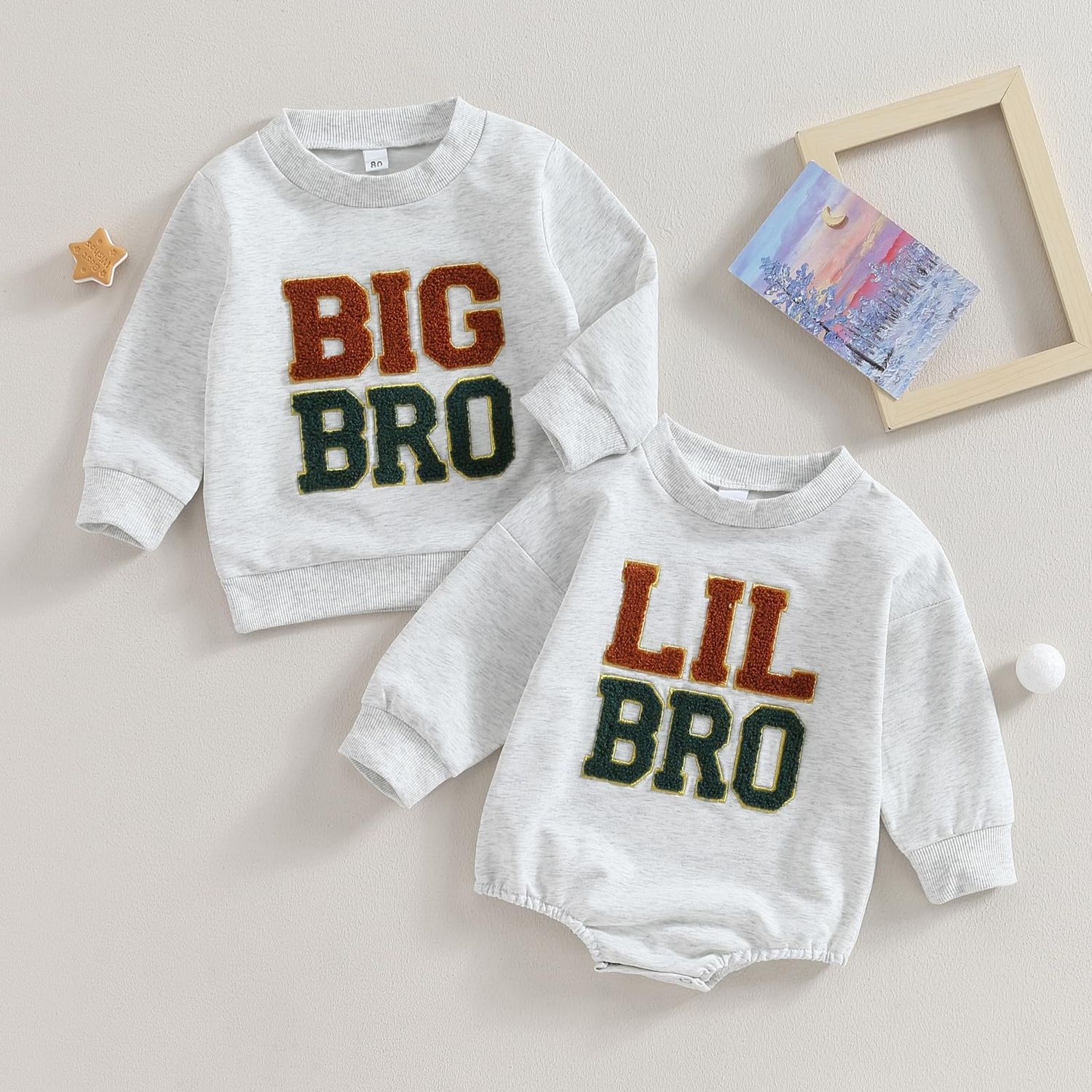 Ursobutegl Toddler Baby Girl Boy Sweatshirt Bubble Romper Pullover Sister Brother Matching Outfits Fall Winter Clothes (gray-big bro, 3-4 Years)