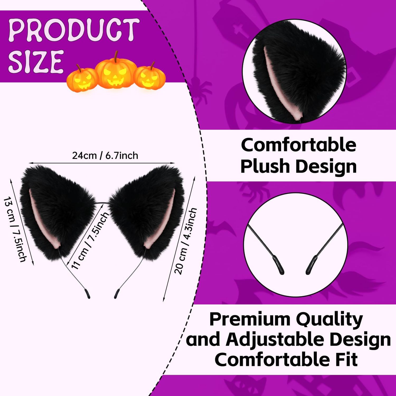 Cat Fox Ears Headband for Women Girls, Halloween Cosplay Cat Costume Faux Fur Ears Headbands Hair Accessories for Adult Kids (Black & Pink)