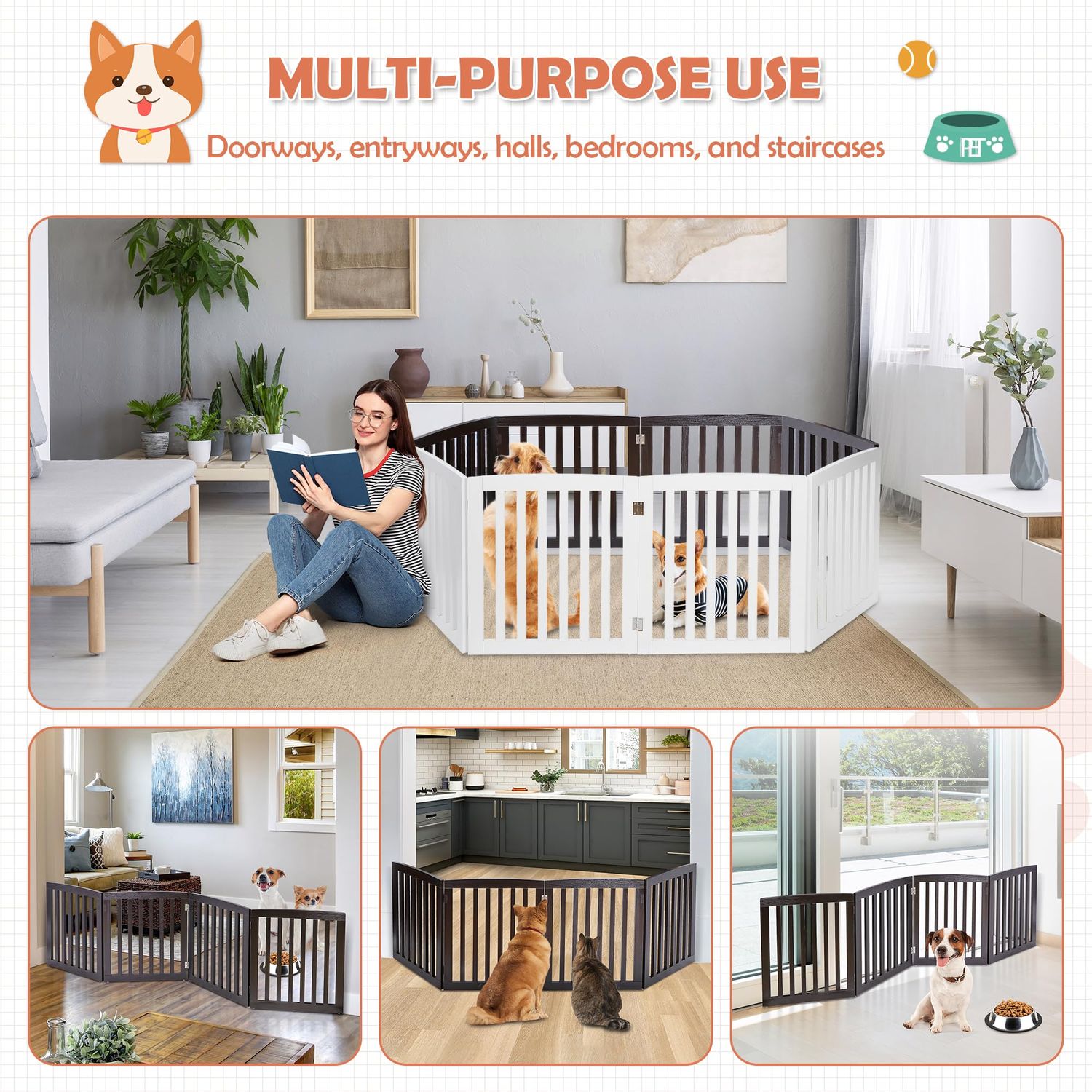 Dog Gate Pet Gate for House, Stairs, Hallways, Doorways 24Inch 4 Panels Foldable Dog Fence for Indoor Extra Wide Wooden (Coffee)