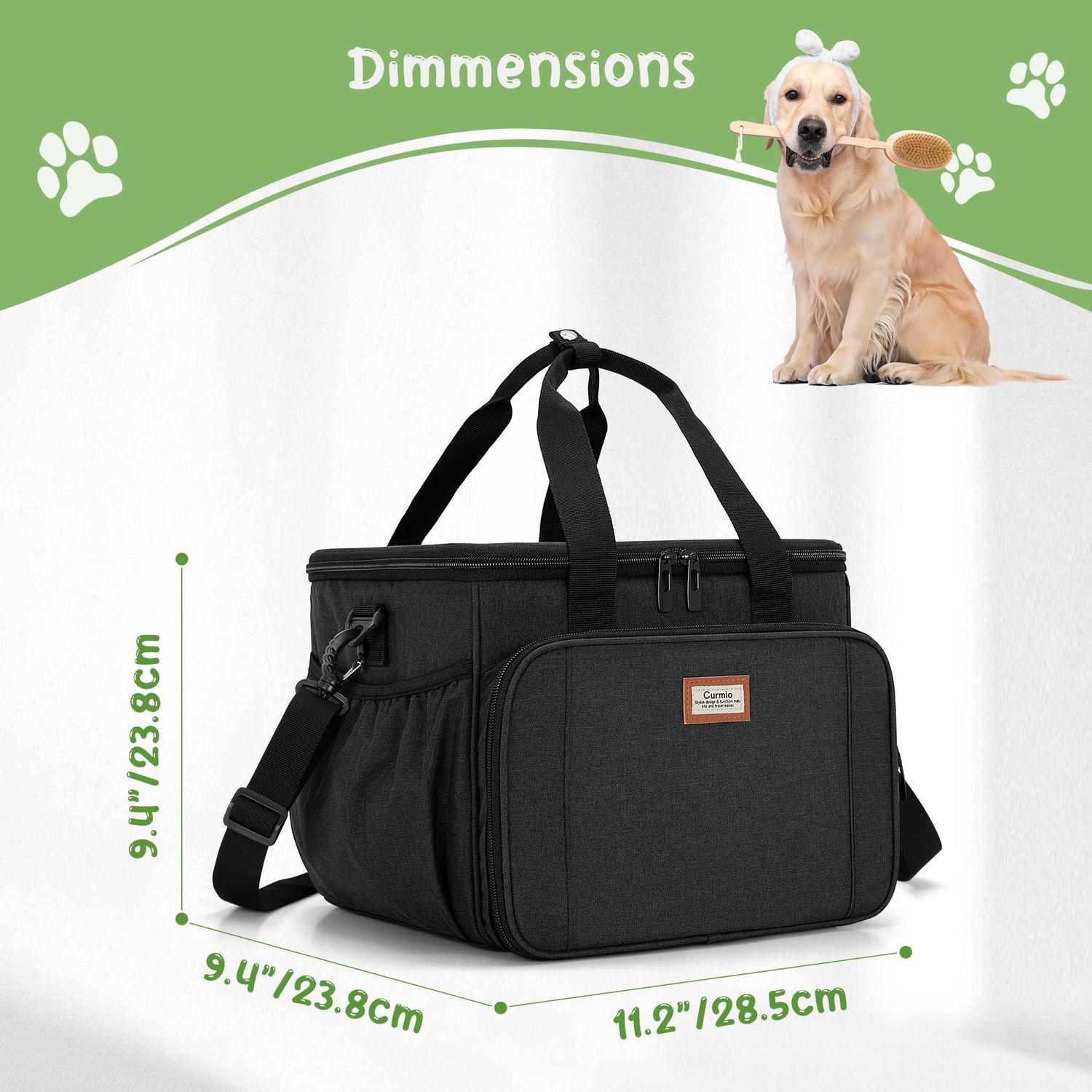 CURMIO Pet Grooming Tote Bag, Pet Grooming Supplies Organizer for Cat Dog grooming kit, Pet Supplies Storage Bag for Dog Cat Clippers, Brush, Scissors or Other Pet Care Supplies, Black (BAG ONLY)