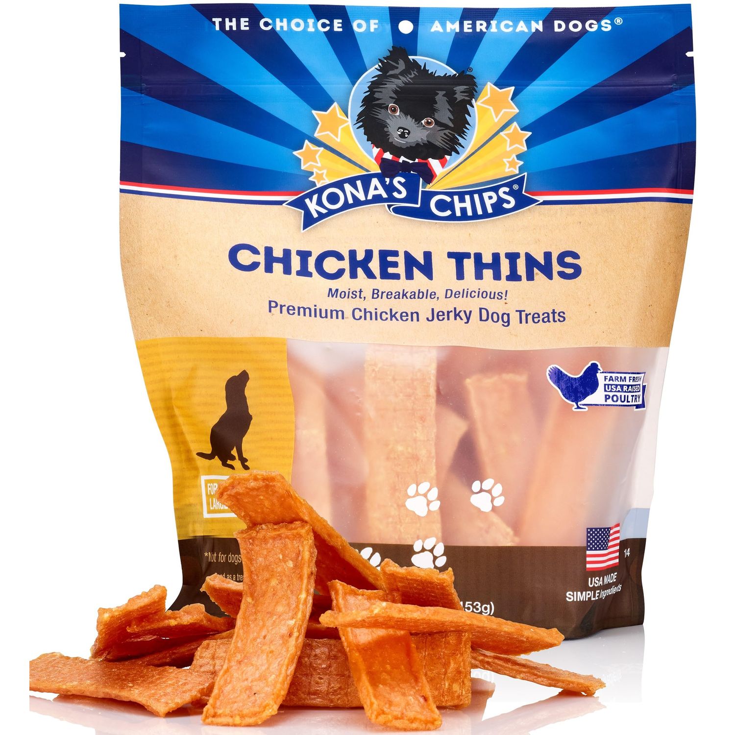 KONA'S CHIPS Chicken Thins; Chicken Jerky Dog Treats, Made in The USA only