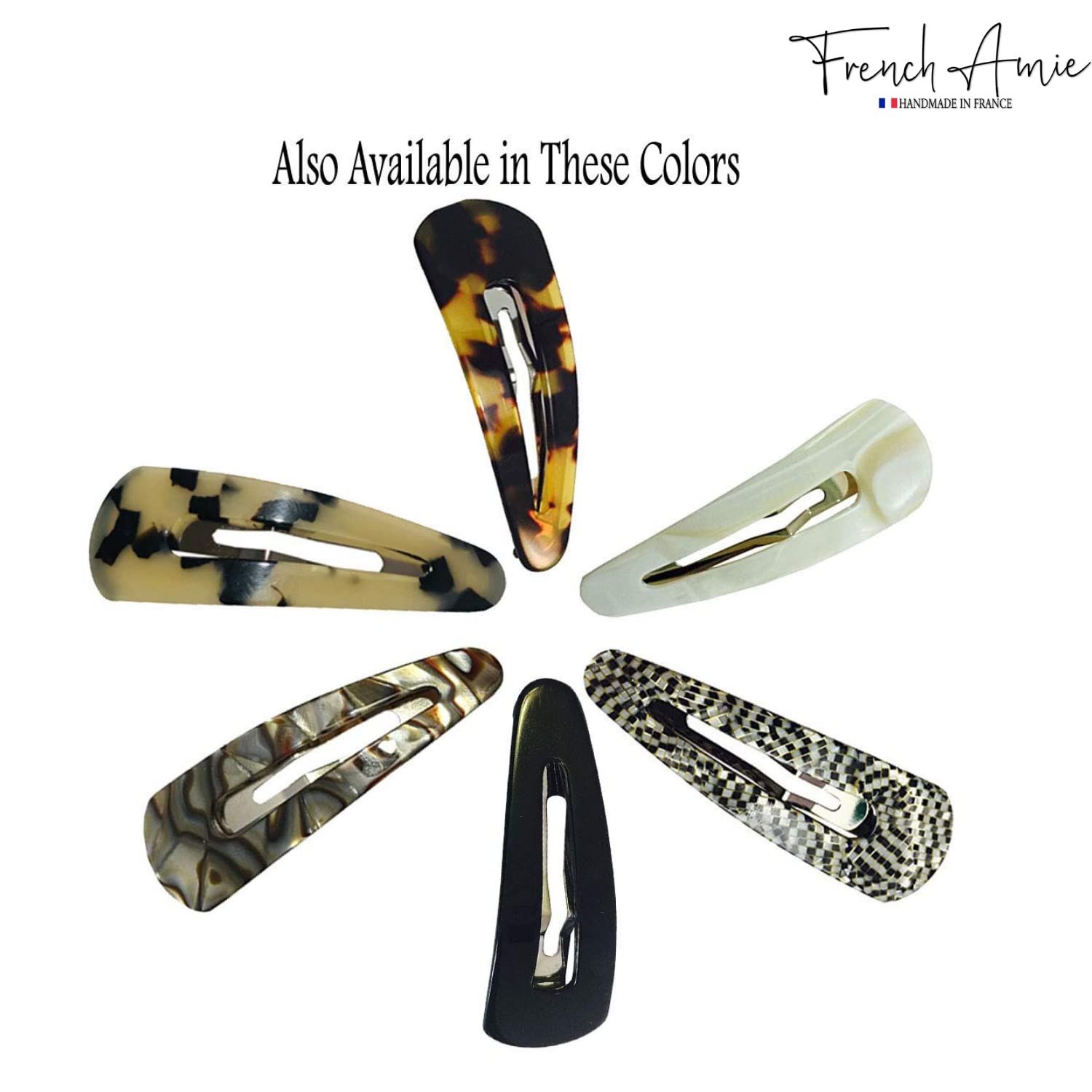 French Amie Clic Clac White Tokyo Large Handmade Celluloid Set of 2 French Snap Clip Barrette Hair Slides Women Strong Hold No Slip Side Slide-in Girls Women Hair Accessories, Made in France