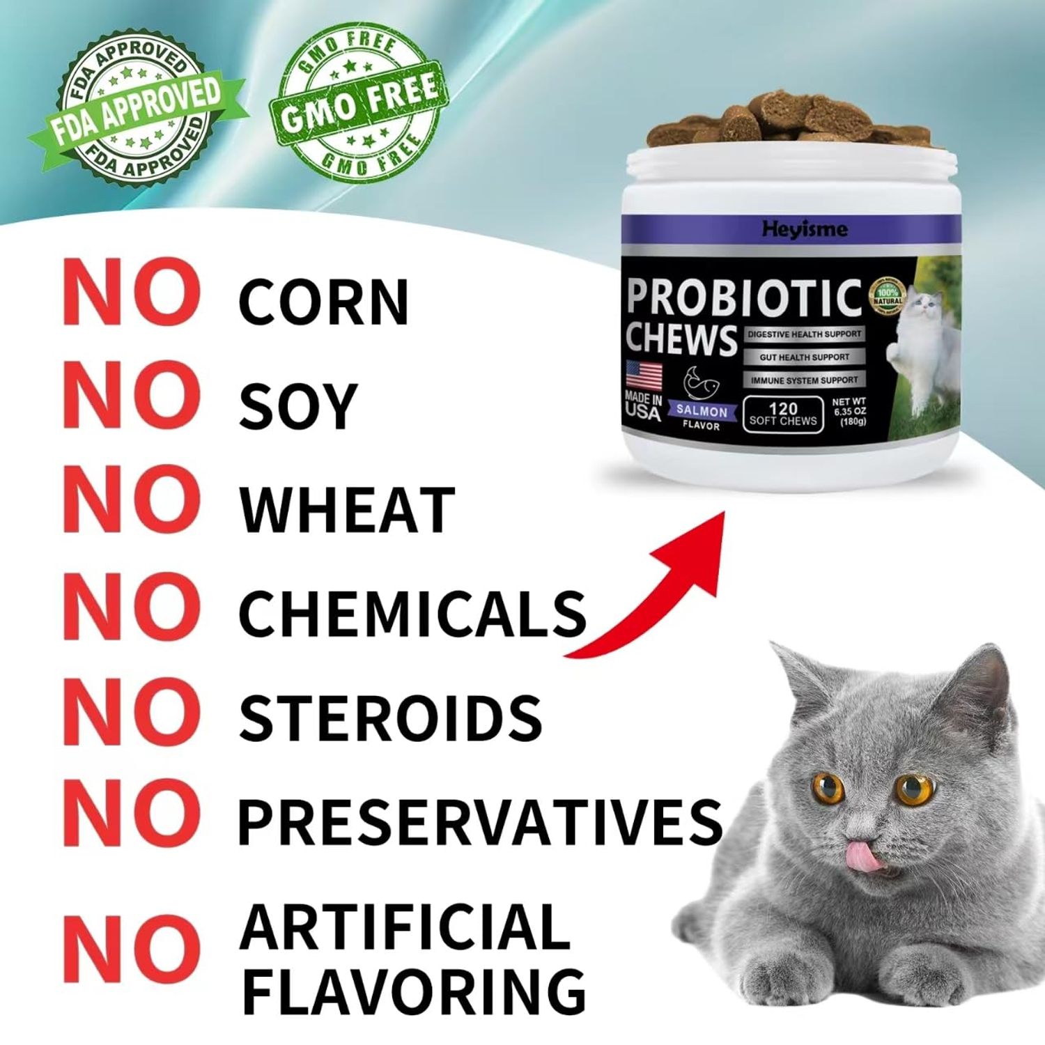 HEYISME Cat Probiotic, Chews for Gut and Immune Health, Cats Probiotic Supplement for Cat Digestive Support, Healthy Digestion, Cat Constipation and Diarrhea Relief (120 Pills, Salmon)
