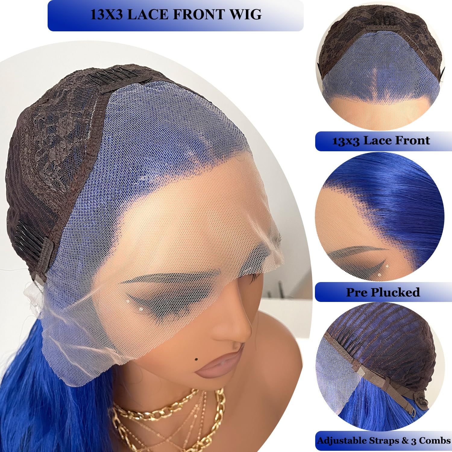 WKIPYCPK Blue Lace Front Wig Loose Curly Wave Hair Navy Blue Wigs for Black Women Glueless 24 Inch Synthetic Lace Front Wigs Pre Plucked Hairline