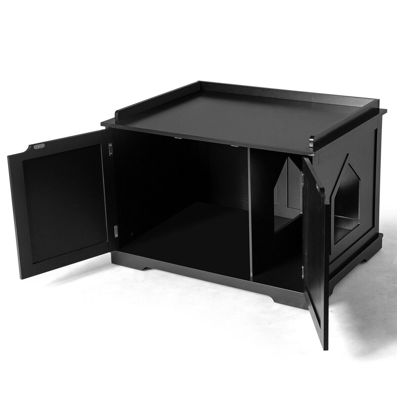 Costway Cat Litter Box Wooden Enclosure Pet House Washroom Storage Bench Black