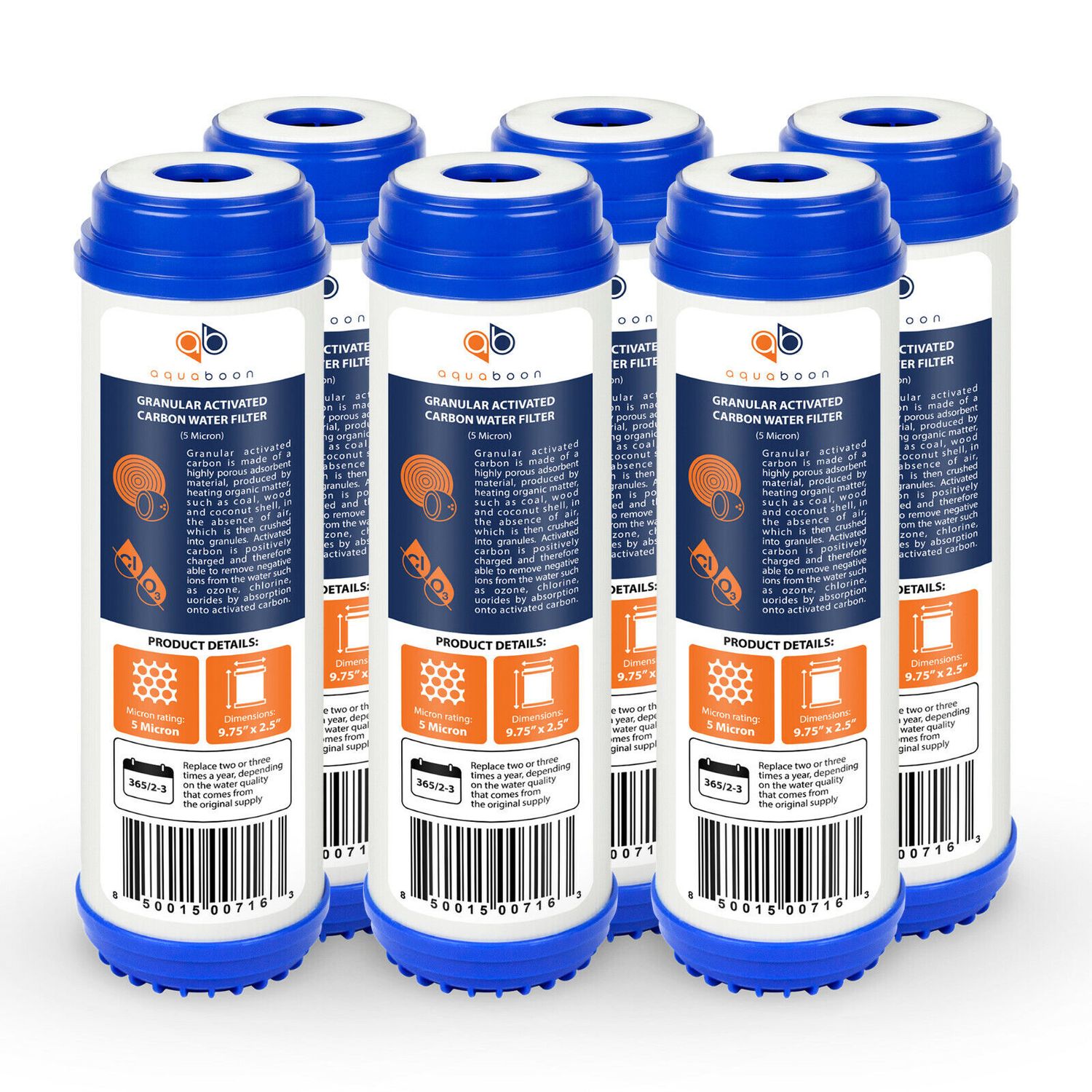 6 Pack of Granular Activated Carbon 5 Micron Water Filter Cartridge by Aquaboon