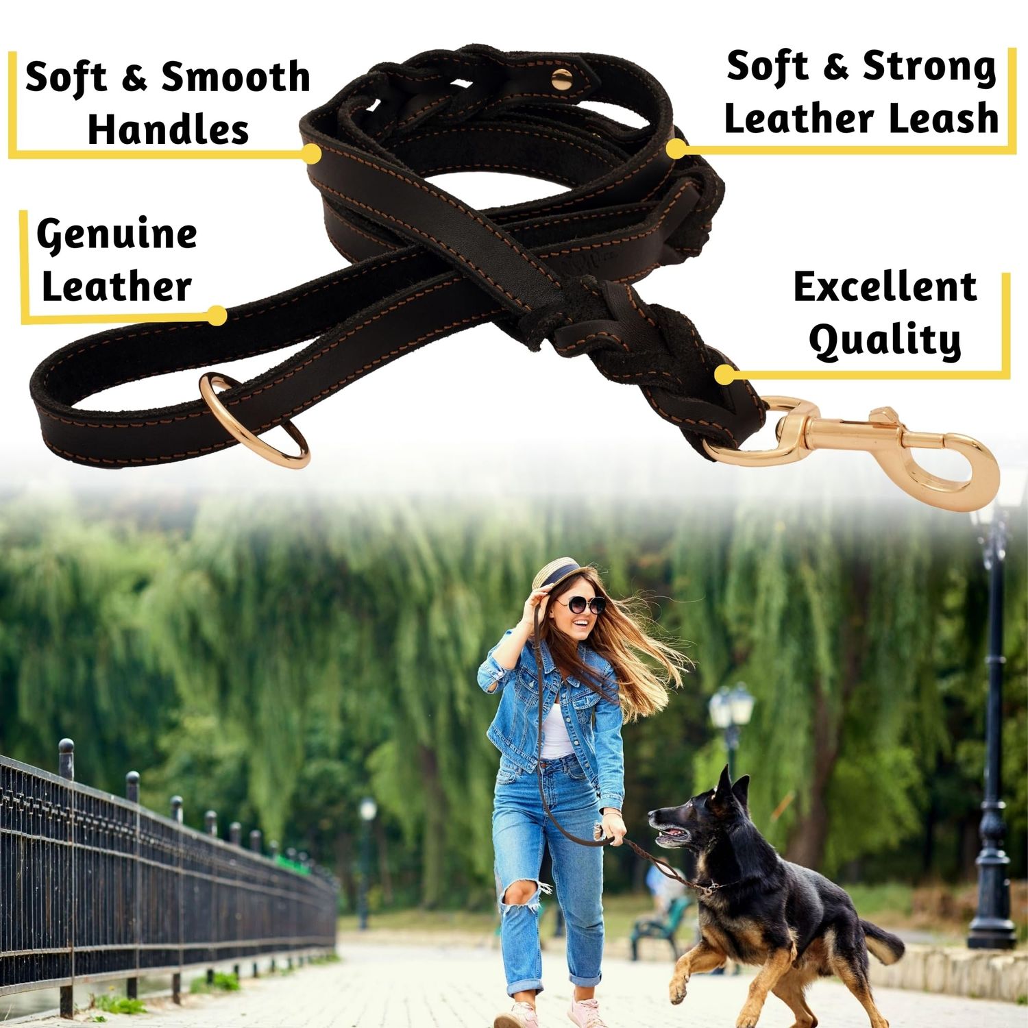 ADITYNA - Double Handle Leather Dog Leash 6ft - Heavy Duty Braided Dog Leash with Traffic Handle - Dog Lead for Training and Walking Medium Dogs (Two Handles 6 Foot x 3/4", Black)