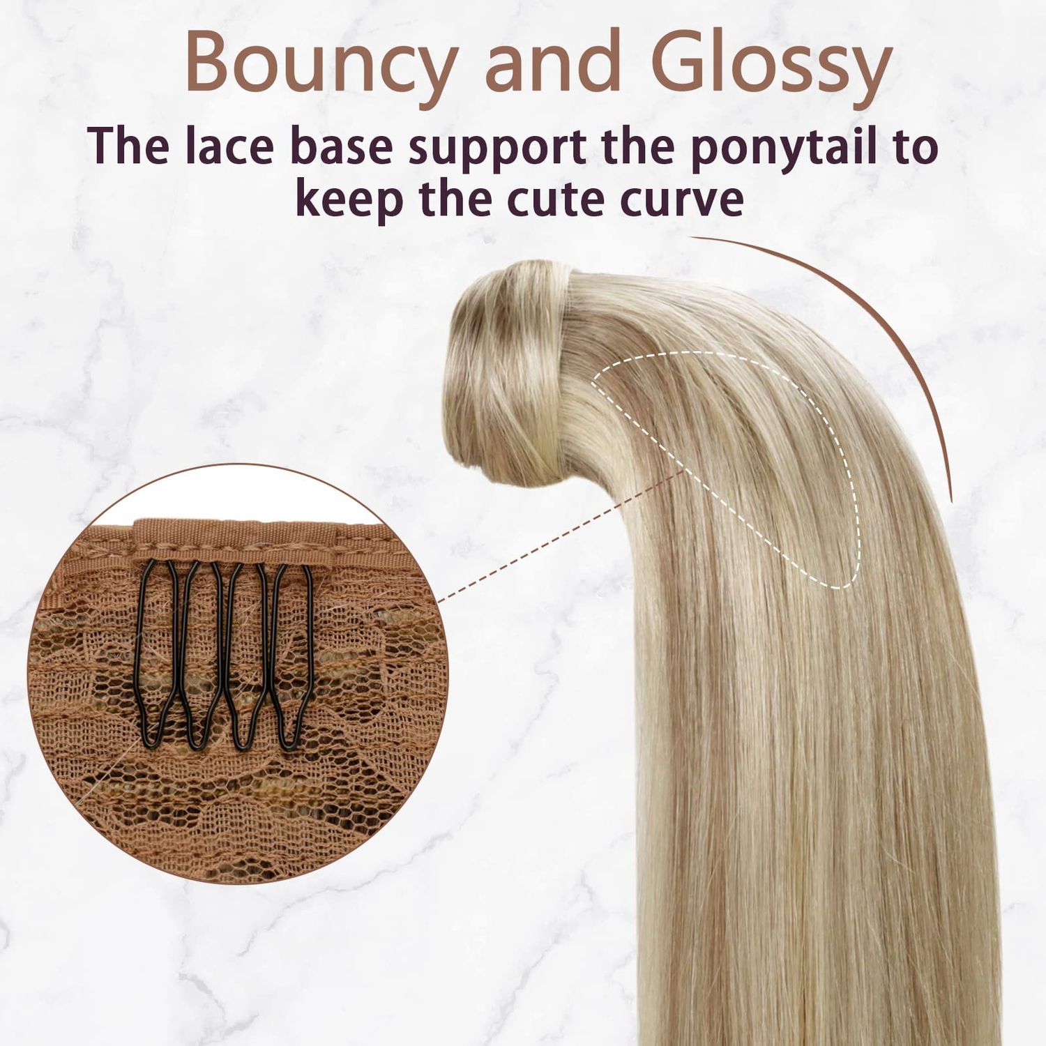 RUNATURE Ponytail Hair Extensions Human Hair 20 Inch 80g Straight Ponytail Human Hair Extensions with Clips Light Brown with Platinum Blonde Natural Wrap Around Ponytail Extension Long Hair Full Ends