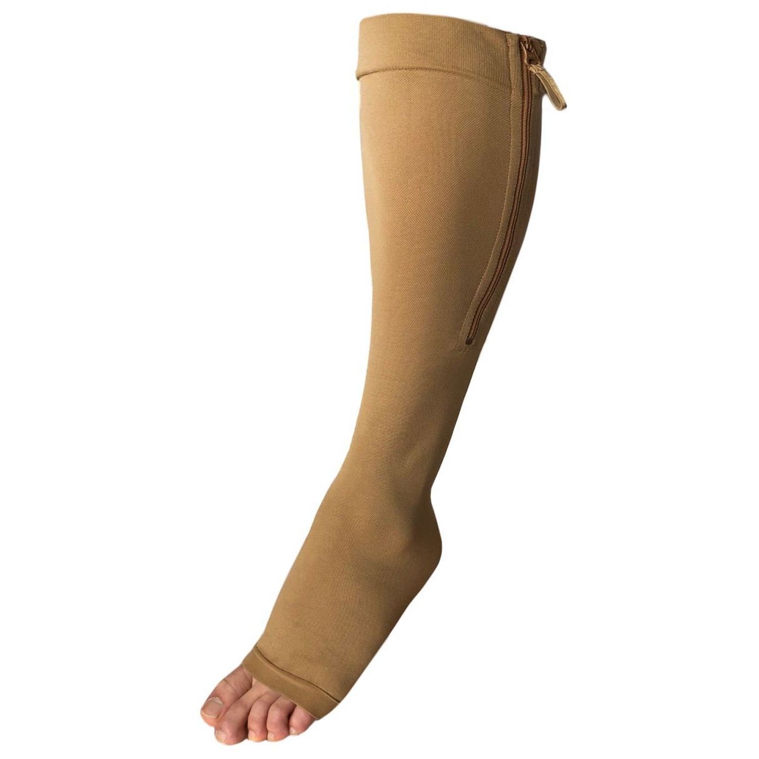Runee Wide Calf Zipper Compression Socks, Open Toe, Extra Calf Support (Beige)