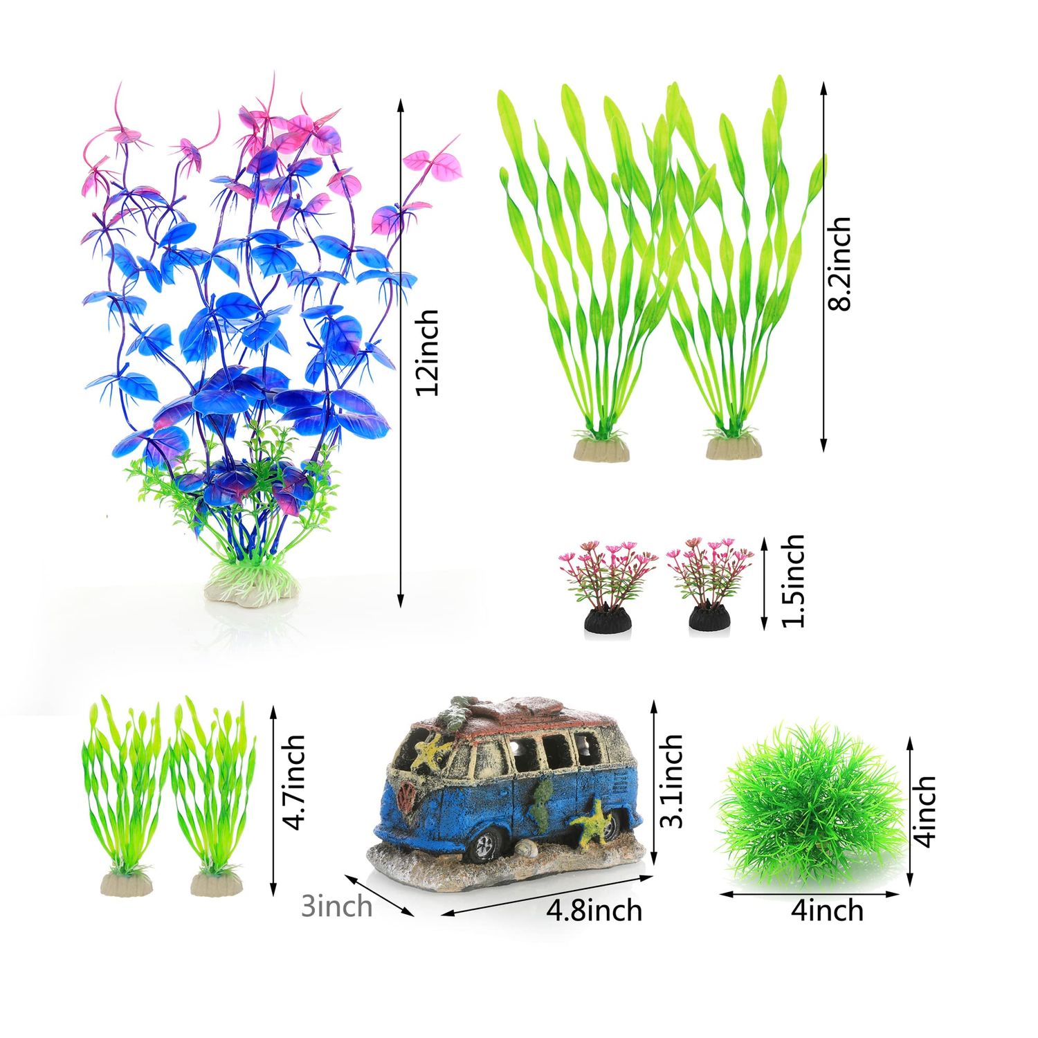 ALEGI Fish Tank Decorations Plants with Resin Cave Rock View, Aquarium Decor Accessories Plastic Plants, Fish Cave and Hideout Ornaments (Purple Set)