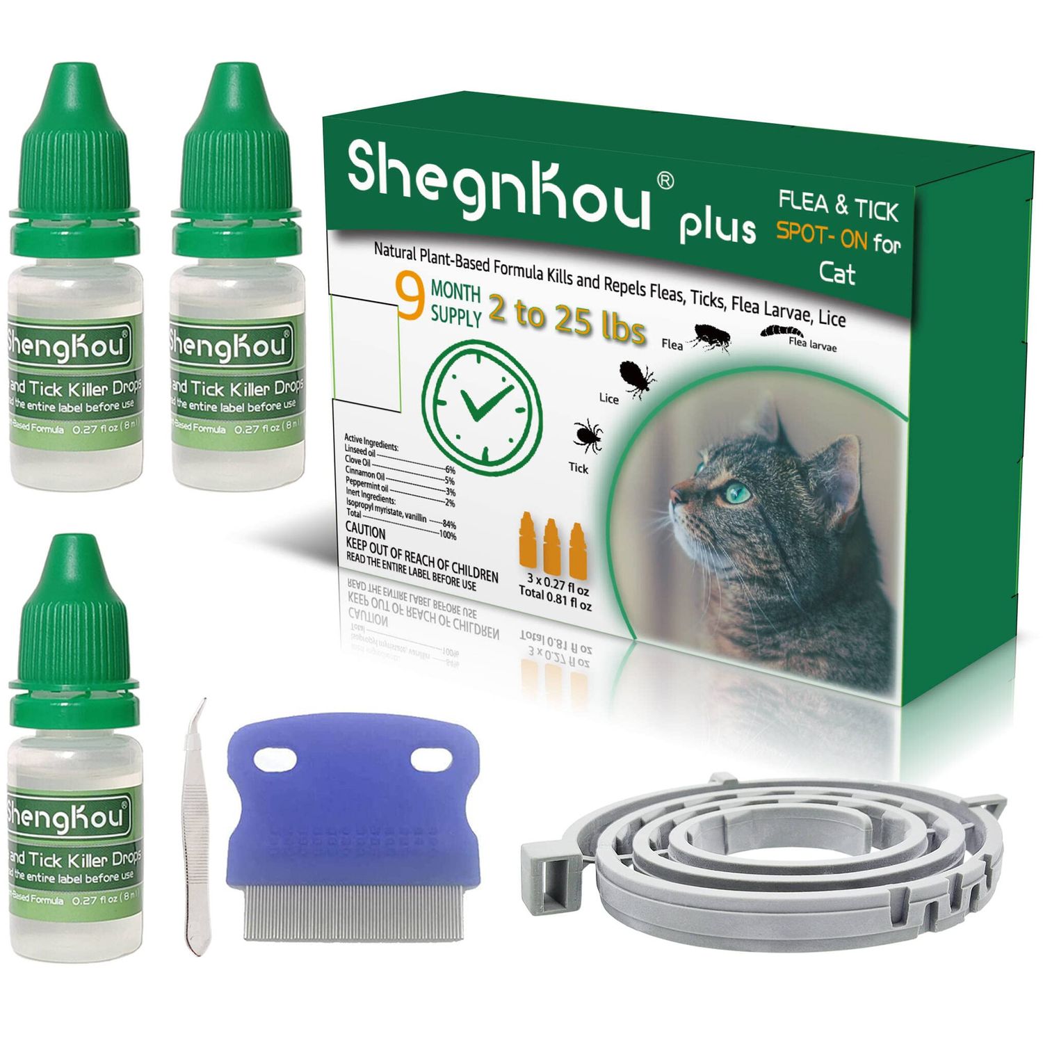 ShengKou Natural Flea Treatment for Cats (2-25 lbs) | 9-Month Supply with Comb, Tick Tool & Repellent Collar, Vet-Reviewed Formula