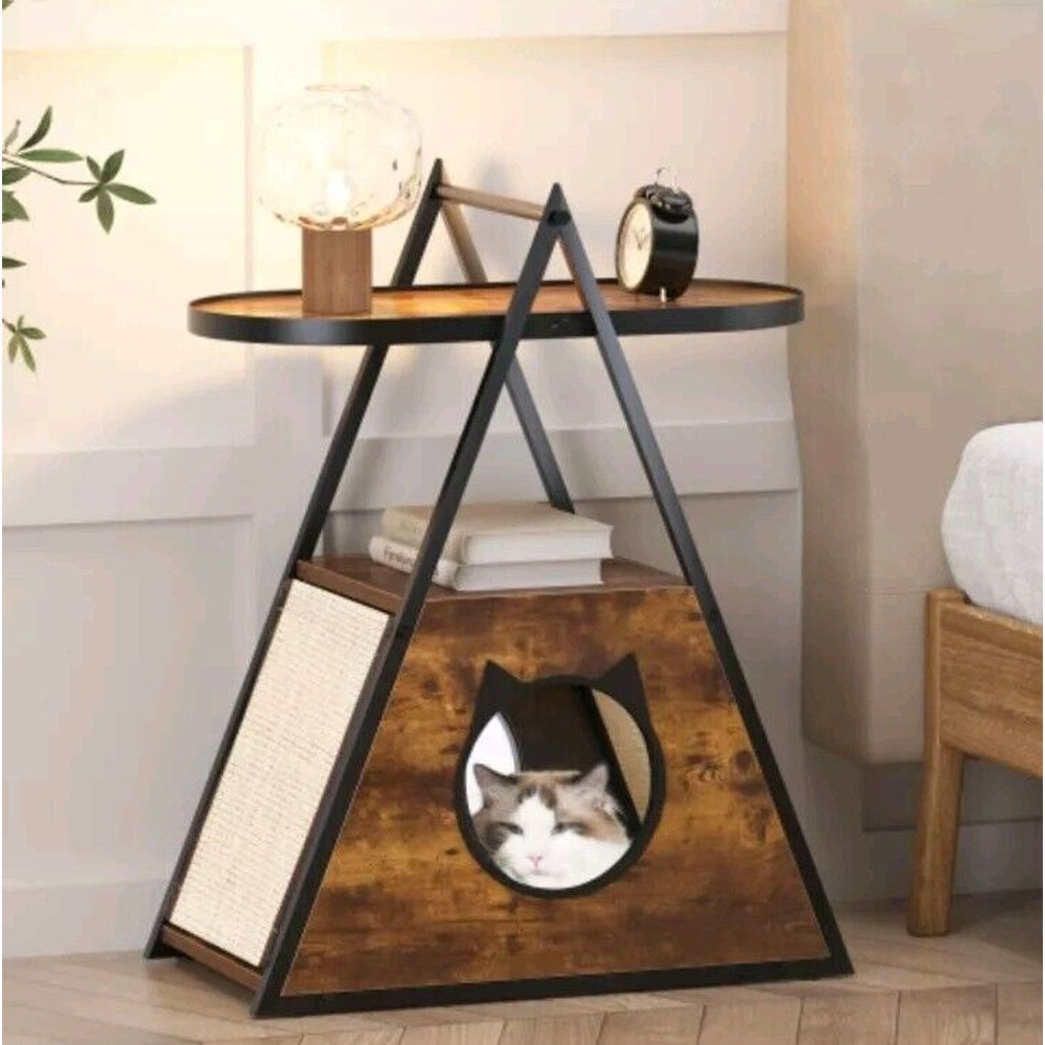 Cat House End Table Wood Cat Condo Black Vintage Pet Furniture Scratching  Board