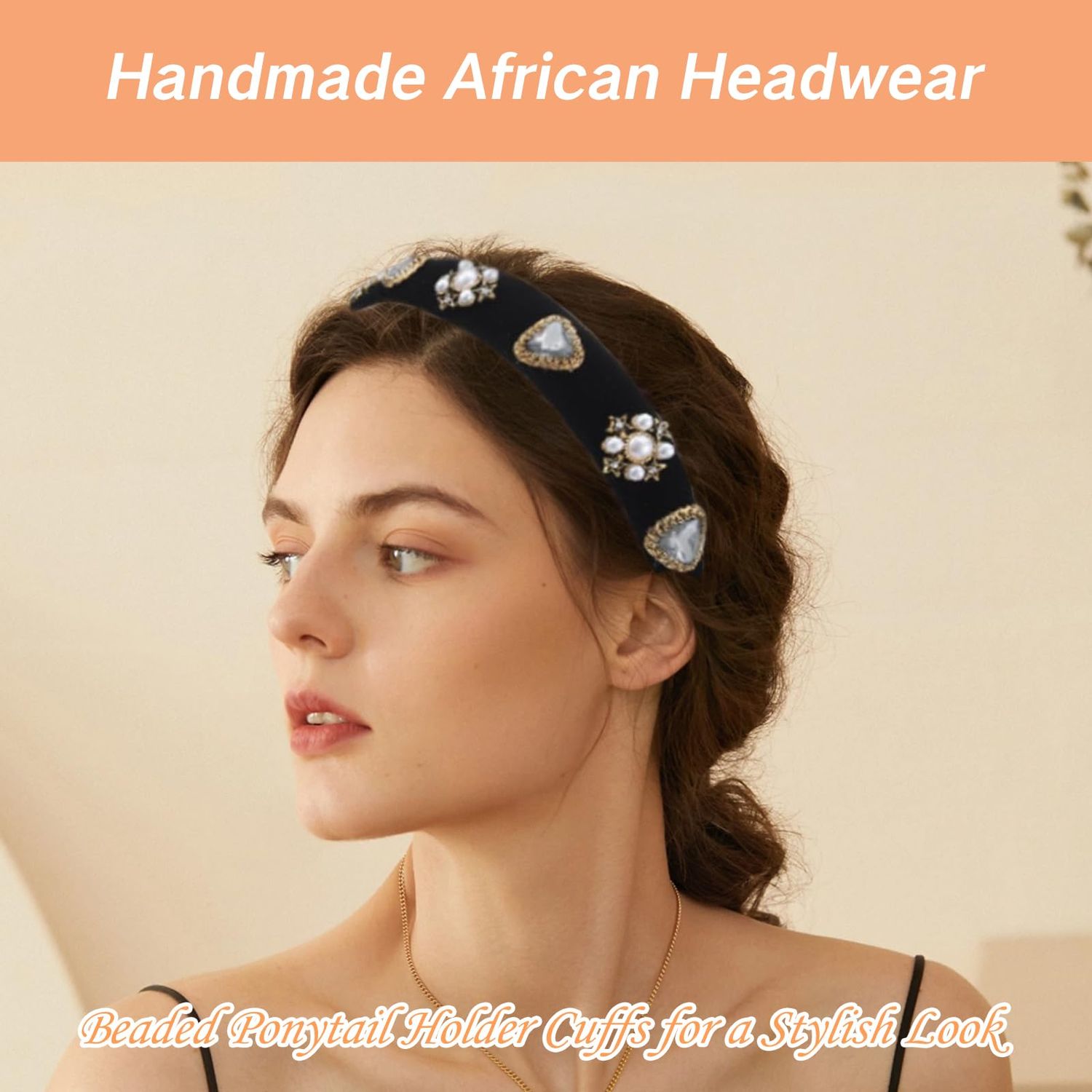 YAFIYGI 1 Pack Black Jeweled Headband Velvet Baroque Chunky Classy Headbands with Pearl Rhinestone Designer Embellished with Pearl Jewel Stylish Beaded Headwrap for Women Dressy Hair Accessories
