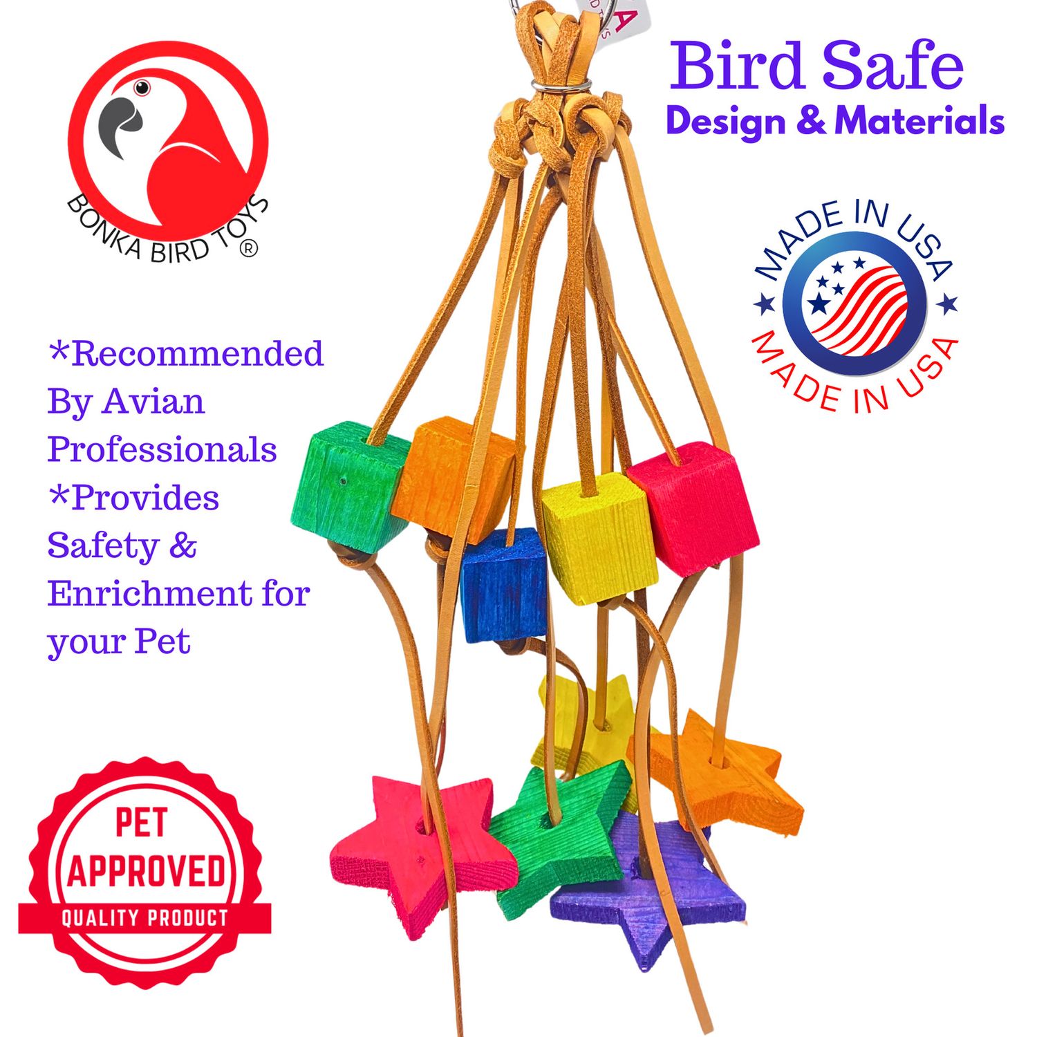 Bonka Bird Toys 1707 Shooting Star Large Wood Leather Chew Parrot Cage Toy Pet