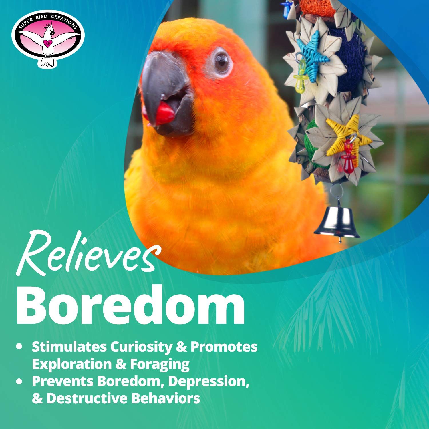 Super Bird Creations SB1098 Palm Star Bird Toy for Parrots, Ringnecks, Medium Conures, Quakers, Pionus, Senegal - Leaves, Colorful loofa, Mahogany Pods Vine Stars - Medium Bird Size, 13" x 3.5" x 3.5"